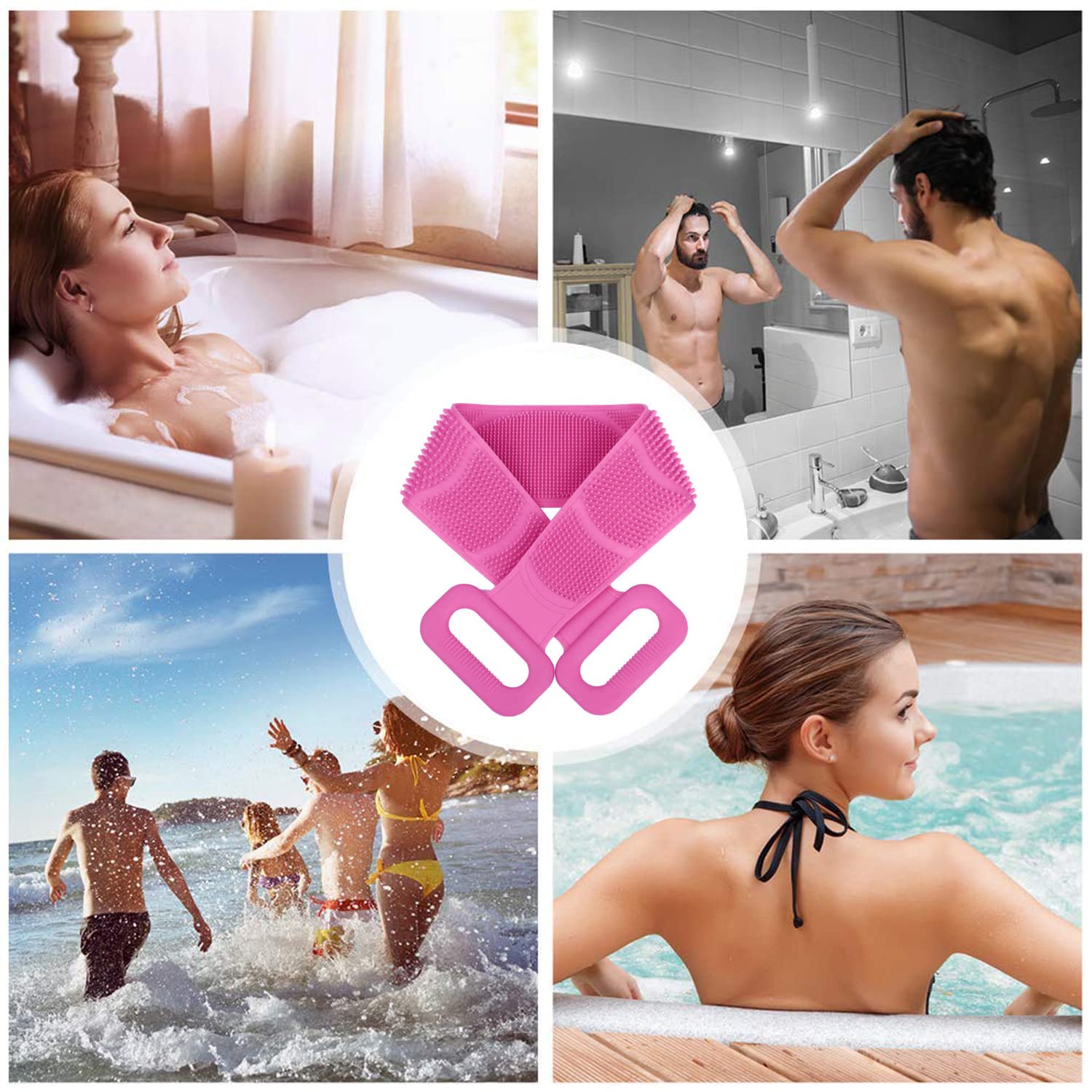 Aabhir TRADERS Silicone Bath Back Scrubber Belt with Handle - Exfoliating Shower Brush for Women & Men - Double Sided Skin Cleansing Scrubber (Purple) - Perfect for Deep Cleaning & Spa Experience at Home