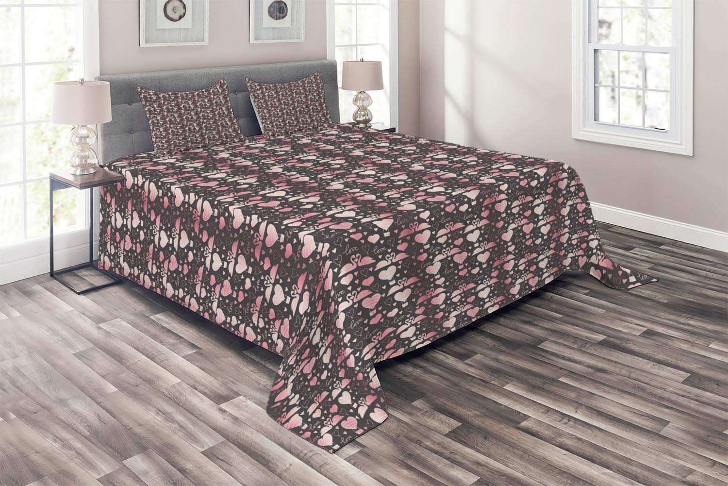 Ambesonne 3-Piece King Size Quilted Bedspread Set with 2 Pillow Shams - Lovebirds & Swans Romantic Design in Dark Taupe Grey, Pale Pink & Blush | Valentine's Day Gift, Bedroom Decor, Wedding Present, Anniversary Gift for Couples
