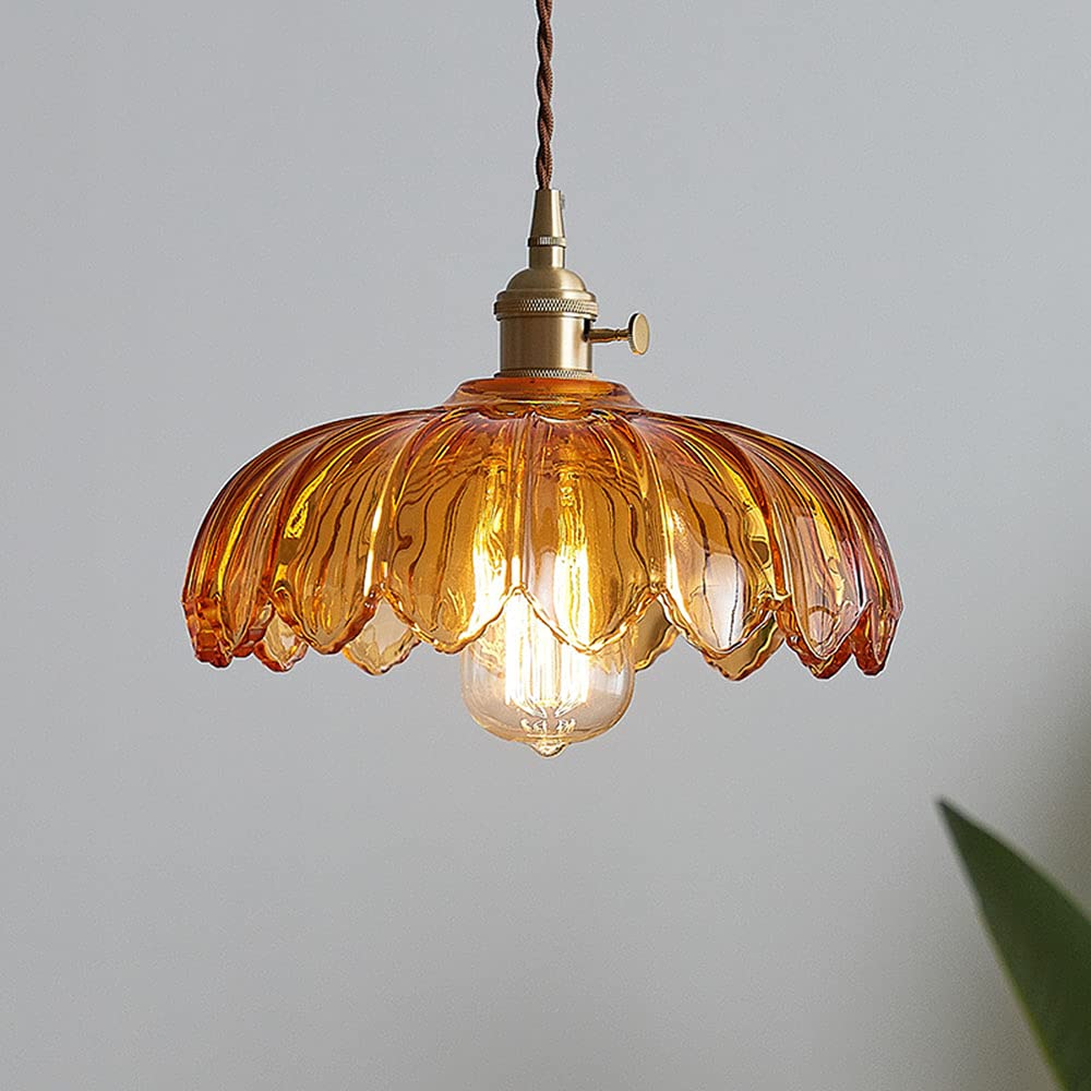 LITFAD Scalloped Glass Flower Ceiling Hanging Light - Industrial Retro Pendant Lamp for Dining Room, Restaurant, Bar & Hallway - 110V-120V Tan - Perfect for Vintage Decor & Ambient Lighting