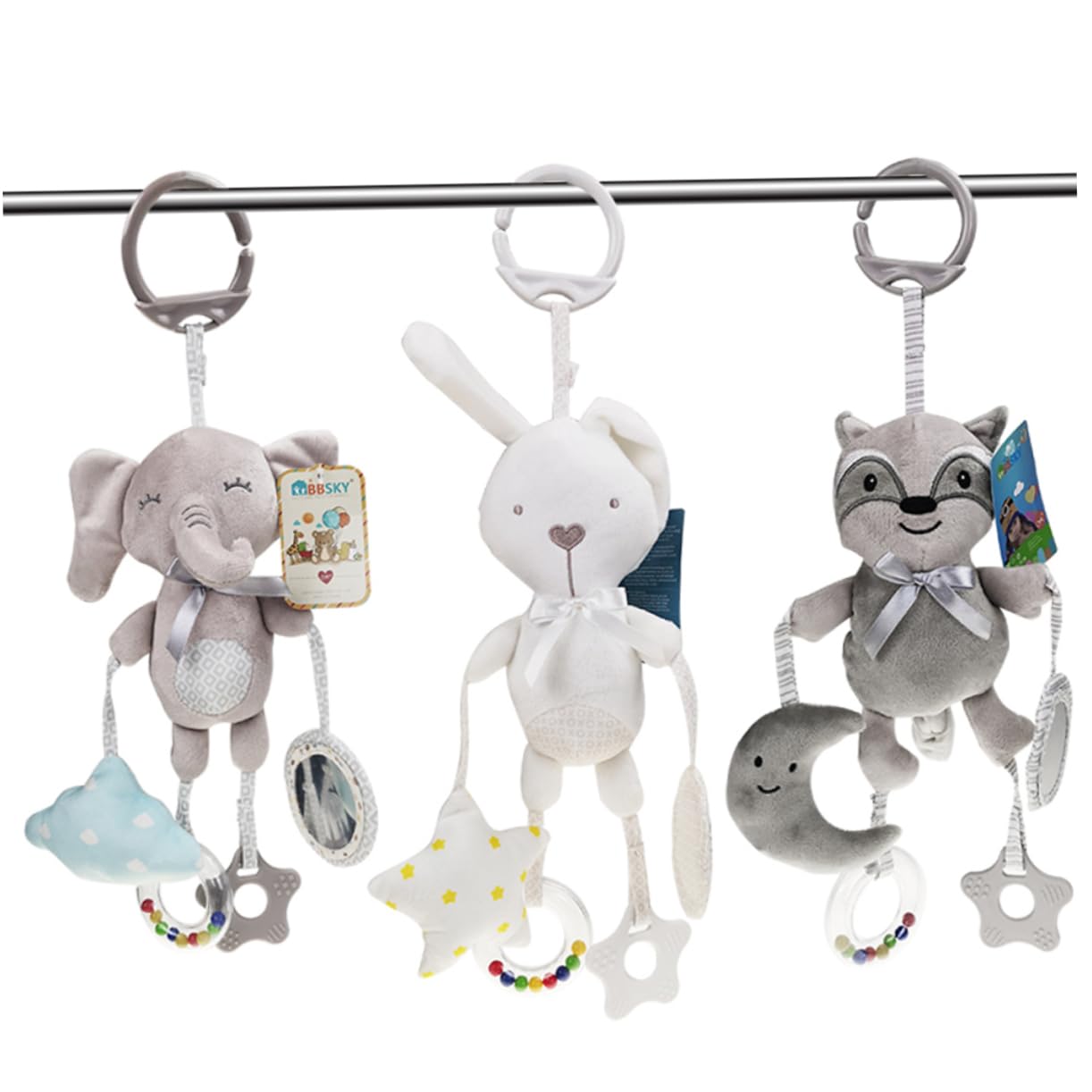 FELTECHELECTR Plush Hanging Rattle Toy - Grey Animal Rattle for Babies, Infants & Toddlers | Soft Developmental Toy for Crib, Stroller & Playtime