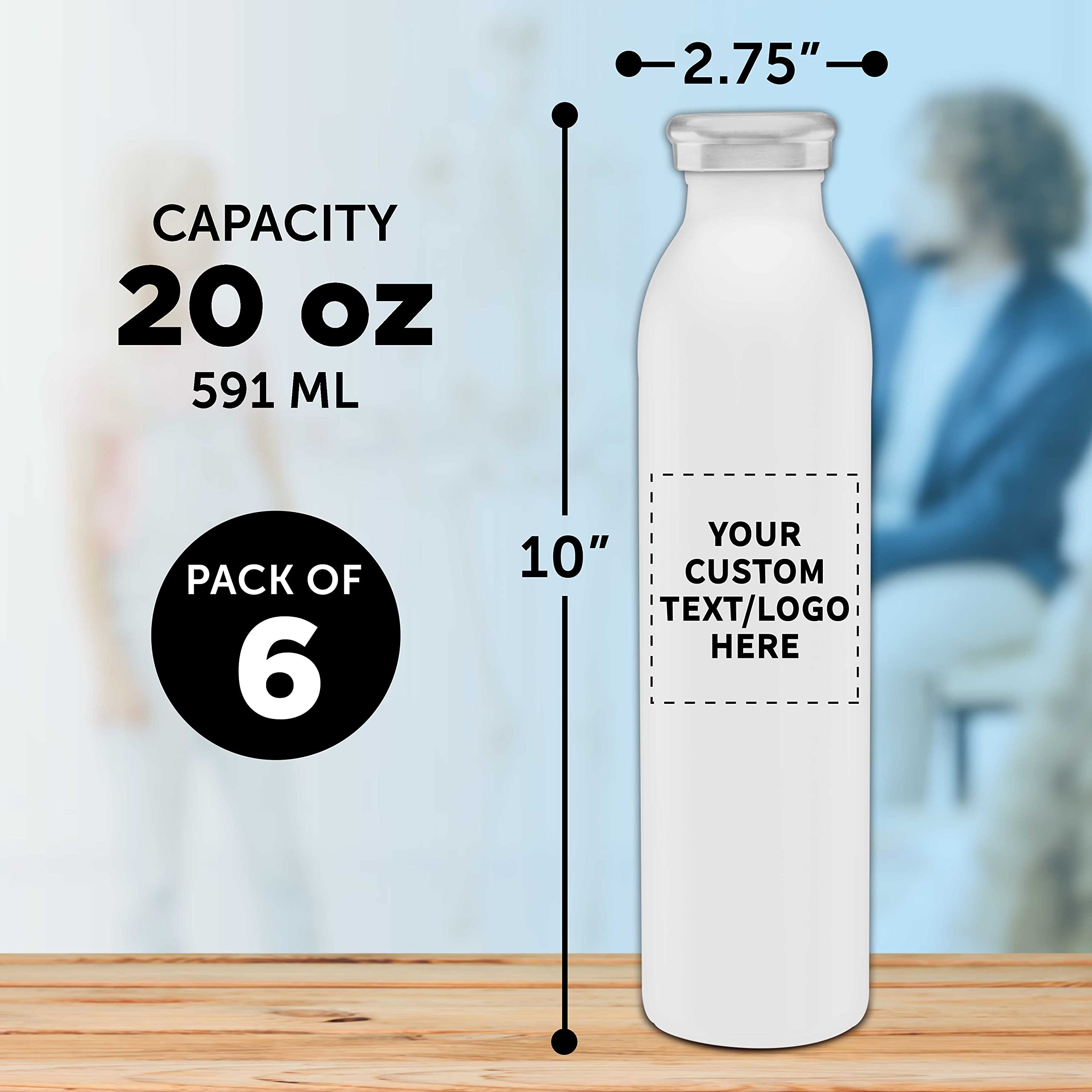 Custom Stainless Steel Water Bottles 20oz (Set of 6) - Double Wall Insulated, Personalized Bulk Pack - Keeps Hot & Cold Beverages Perfect - Ideal for Office, Gym, Travel, Camping & Outdoor Activities - White
