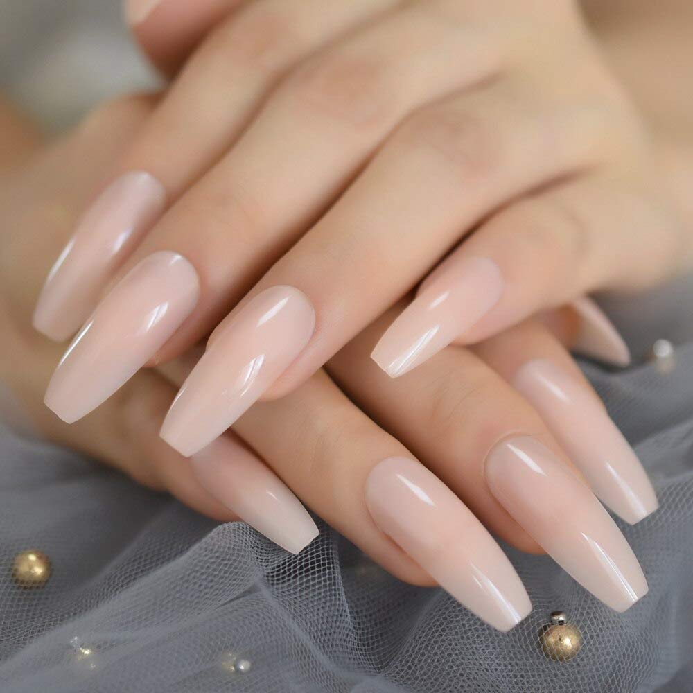 CoolNail Glossy Nude Ballerina Press-On False Nails - Extra Long Natural Coffin Shape with Jelly Glue Sticker | UV Gel Fake Nails for Women | Perfect for Parties, Weddings & Everyday Wear