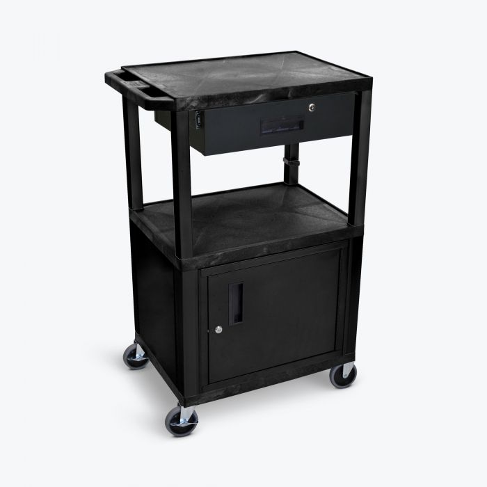 Luxor 42H AV Cart with 3 Shelves, Cabinet & Drawer - Black Mobile Presentation Station for Classroom, Office or Conference Room Use