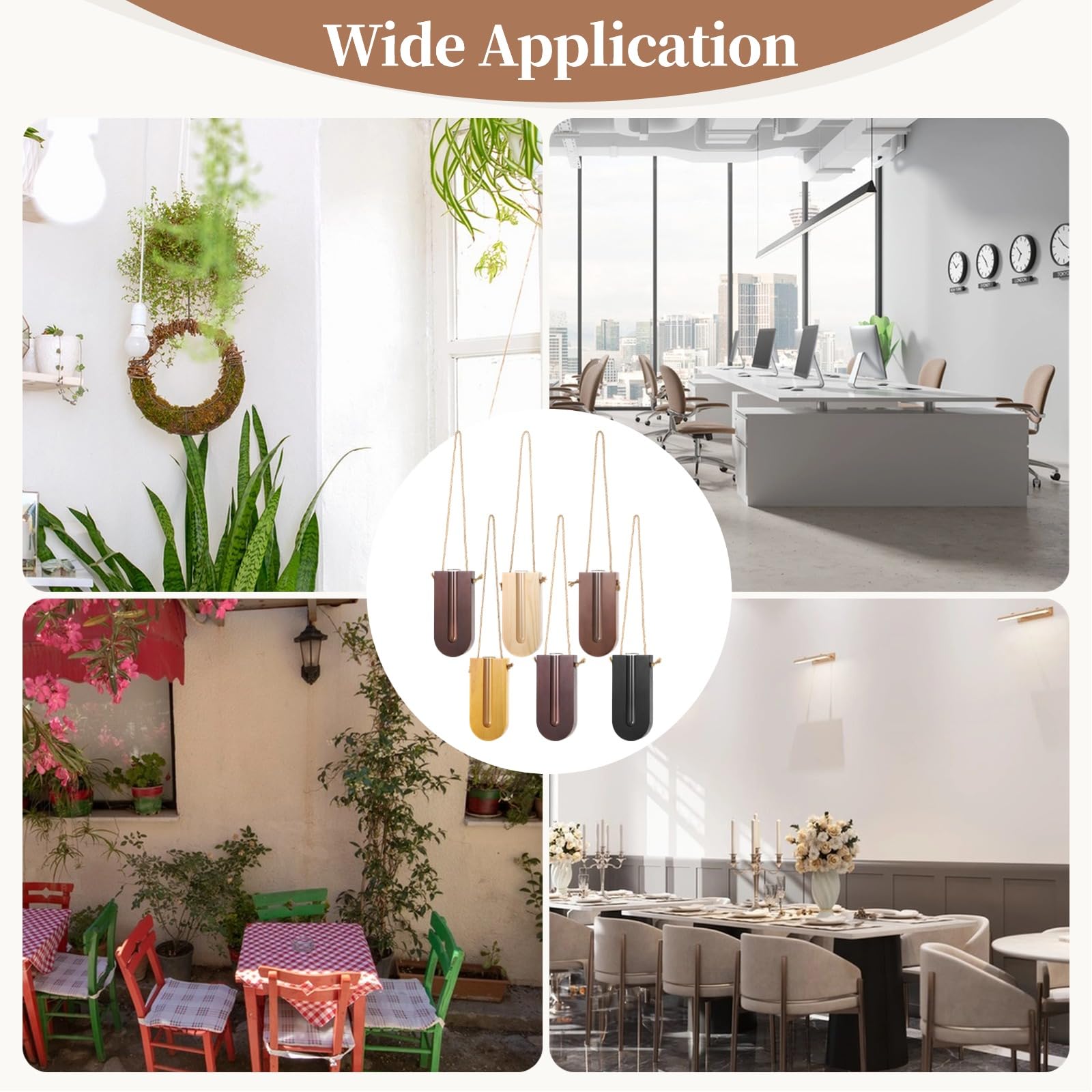 6 PCS Wooden Wall Planters with Glass Tubes - Indoor Hanging Flower Vases, Modern Wood Holder Wall Decor for Home, Office, Cafe - Perfect for Small Spaces, Kitchen Herbs & Living Room Greenery