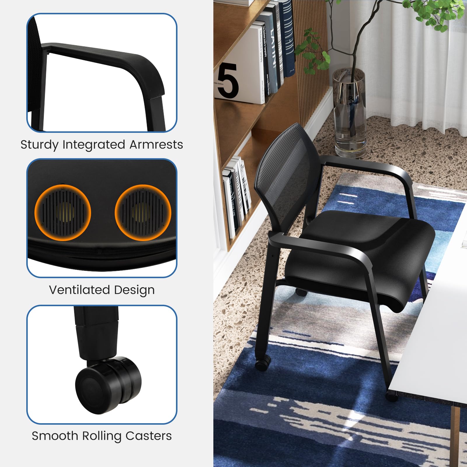 Tangkula 2-Pack Rolling Conference Room Chairs - Stackable Office Guest Chairs with Breathable Mesh Back, Adjustable Armrests & Smooth PU Wheels - Perfect for Business Meetings, School Classrooms, Hotel Lobbies & Waiting Areas - Black
