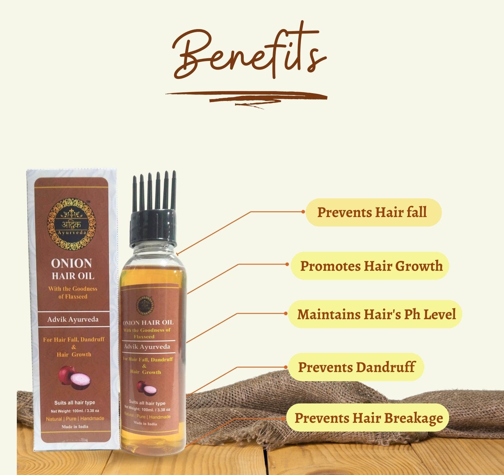 Advik Ayurveda Onion Hair Oil for Hair Fall Control & Growth - 100ml | Natural Hair Care Solution for Thicker, Stronger Hair | Perfect for Daily Use & Scalp Massage