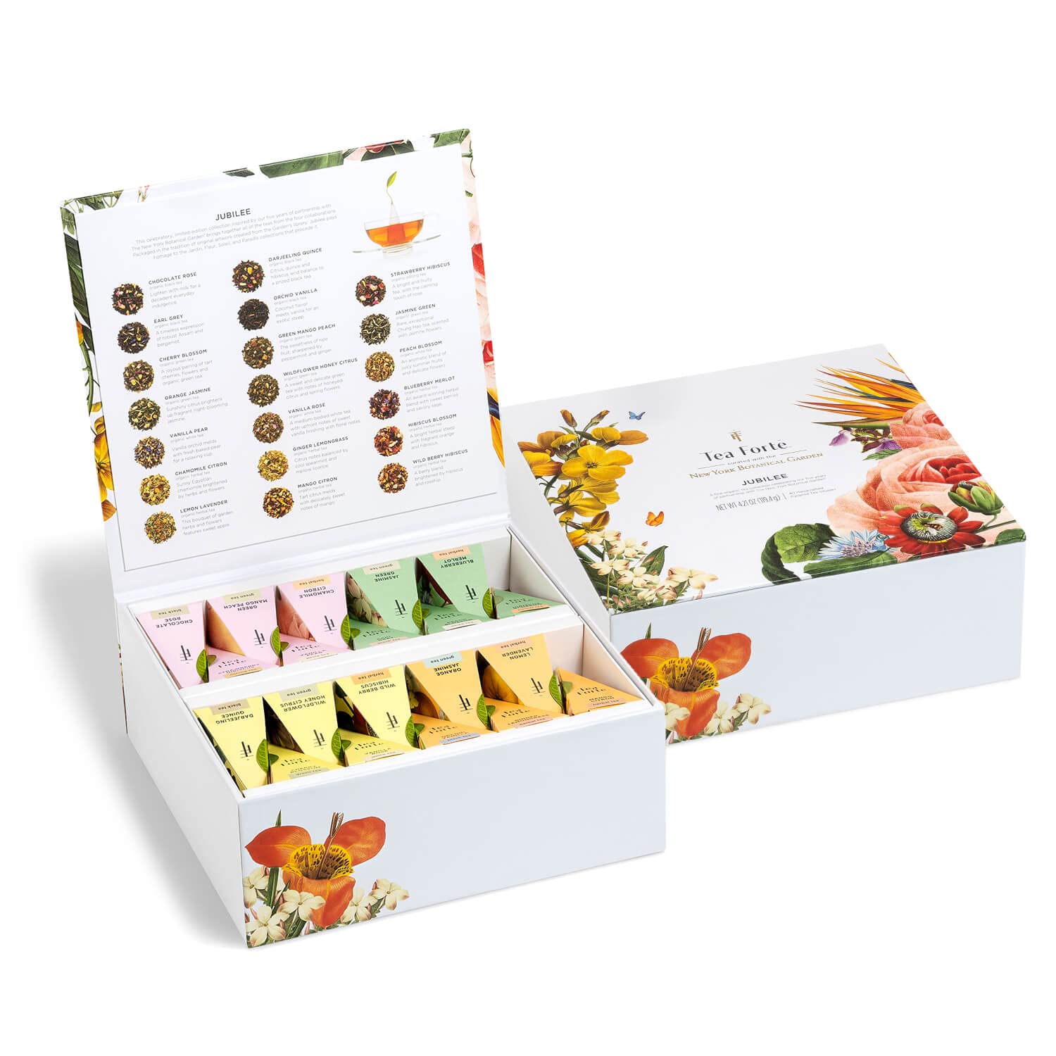 Tea Forte Jubilee Tea Chest - 40 Pyramid Tea Infusers Gift Set with Organic Loose Leaf Tea Variety | Perfect Tea Sampler for Holidays, Housewarming & Corporate Gifts