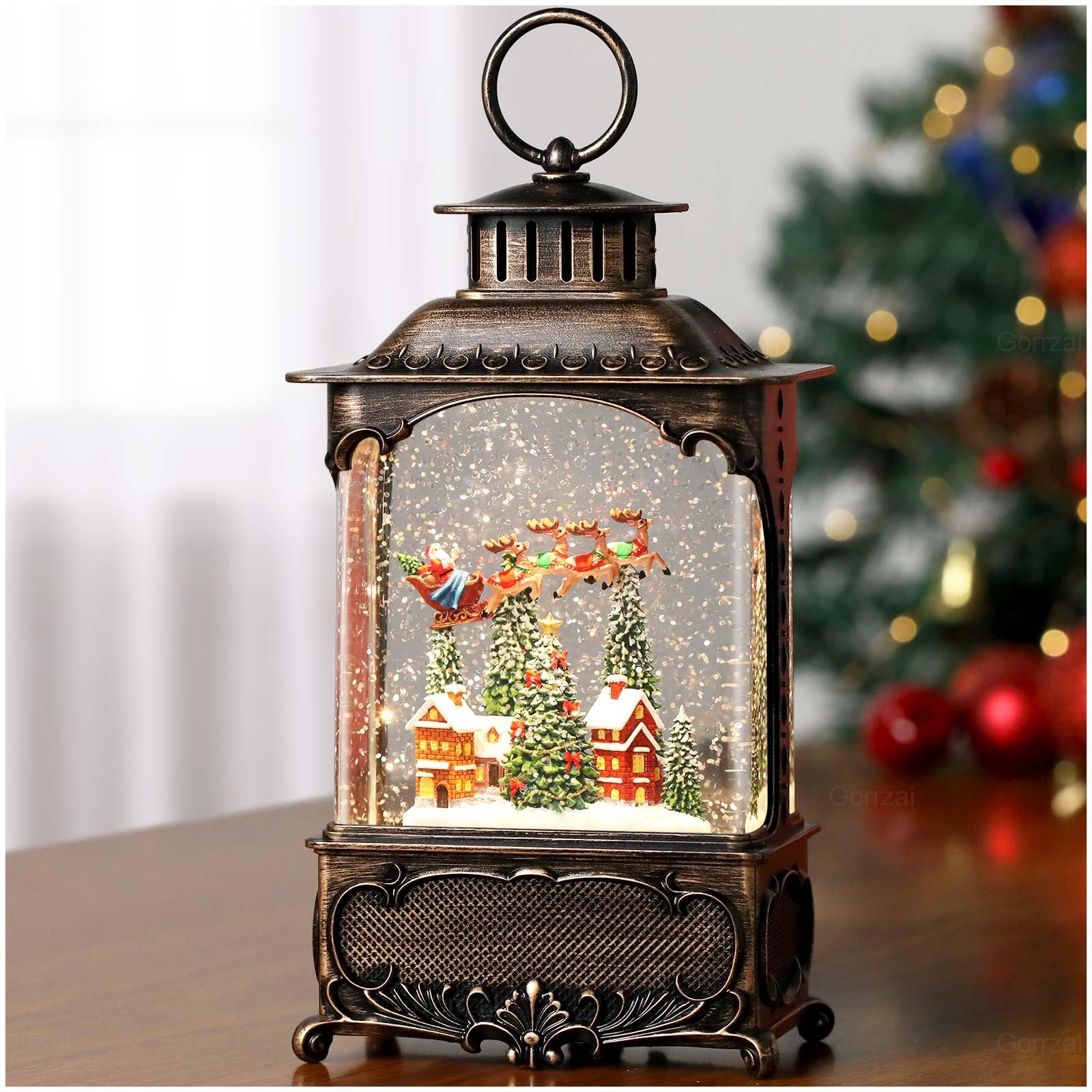 Village Snow Globe Christmas Decor - Musical Lighted Lantern with Swirling Glitter, Santa Church Reindeer Scene, USB/Battery Powered - Perfect for Home, Office & Holiday Party Decorations