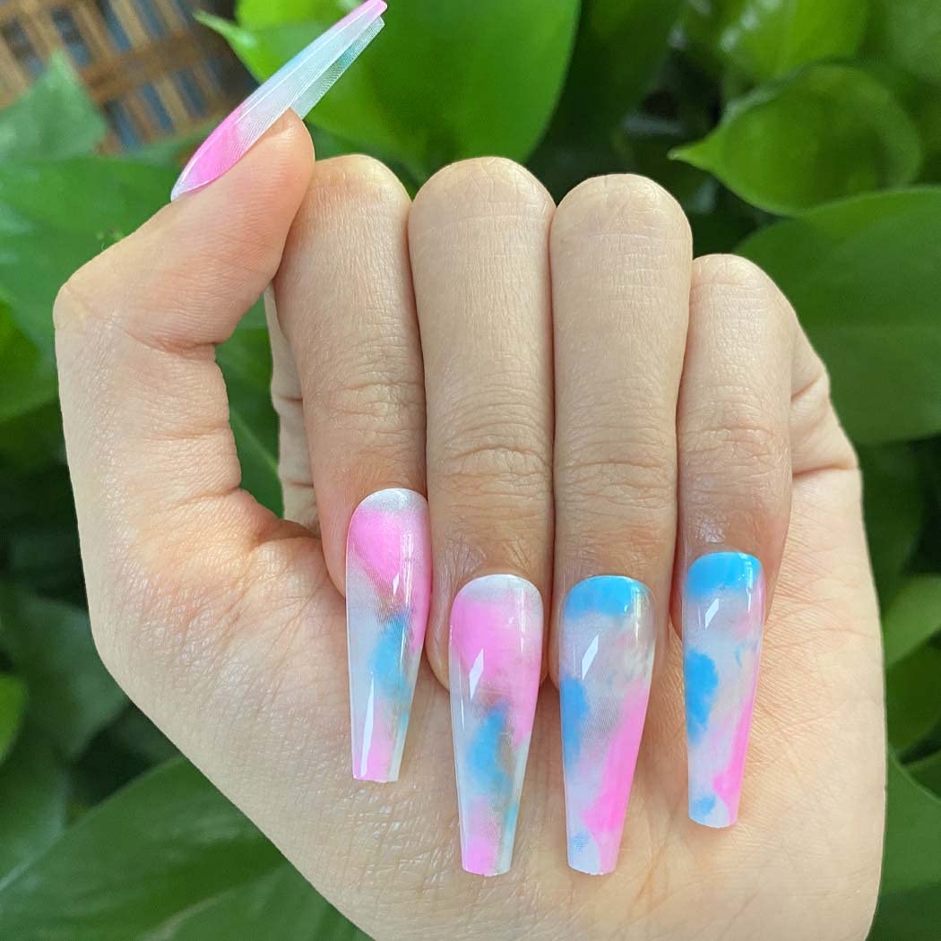 24Pcs Glossy Smoke Pattern Coffin Extra Long Press on Fake Nails - Ballerina Acrylic Super Long False Nails with Designer Full Cover - Artificial Nails for Women & Girls (Colorful) | Perfect for Parties, Weddings, and Special Occasions