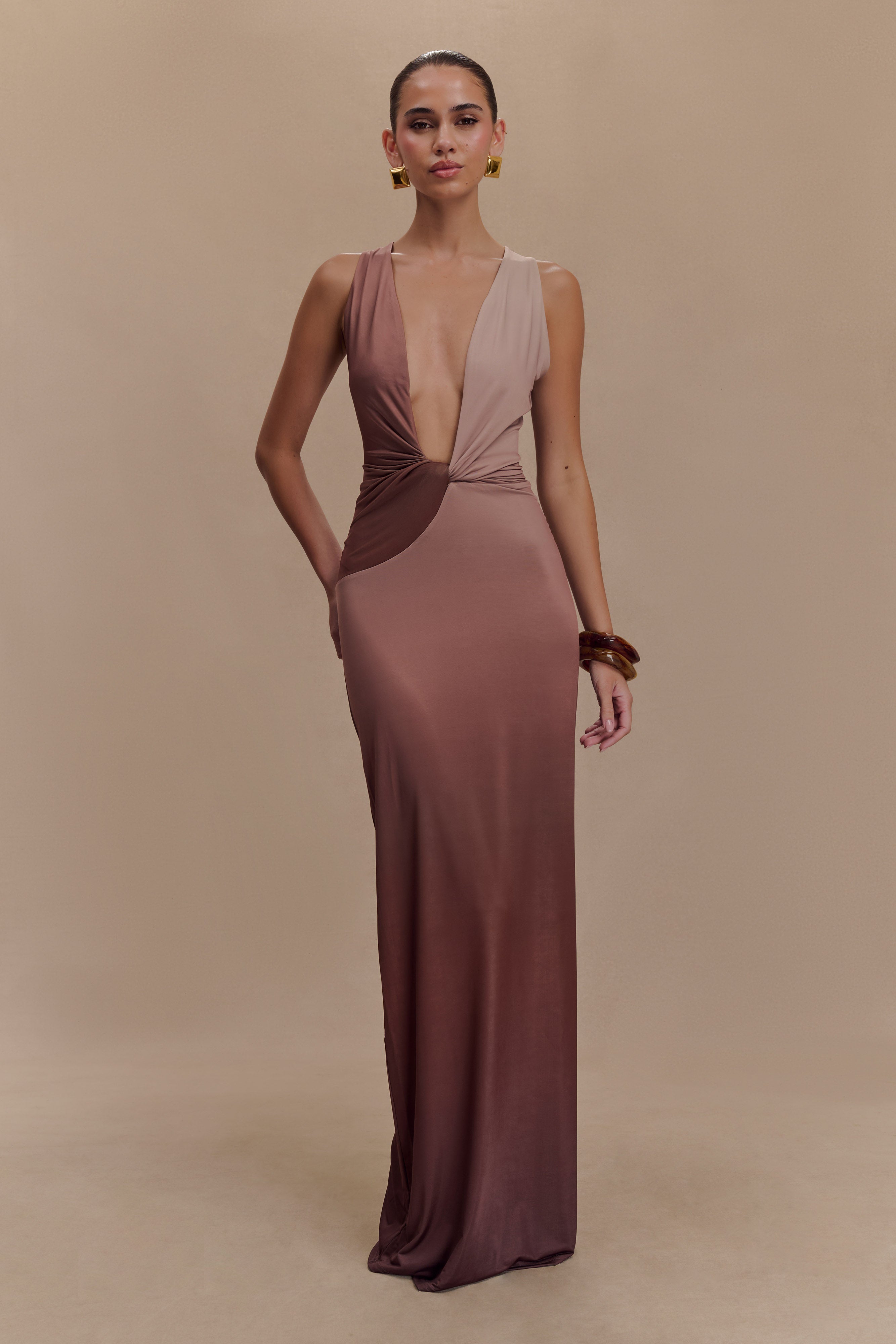 Stella Draped Slinky Maxi Dress - Mocha Ombre Long Sleeve Evening Gown for Women, Perfect for Parties, Weddings & Special Occasions