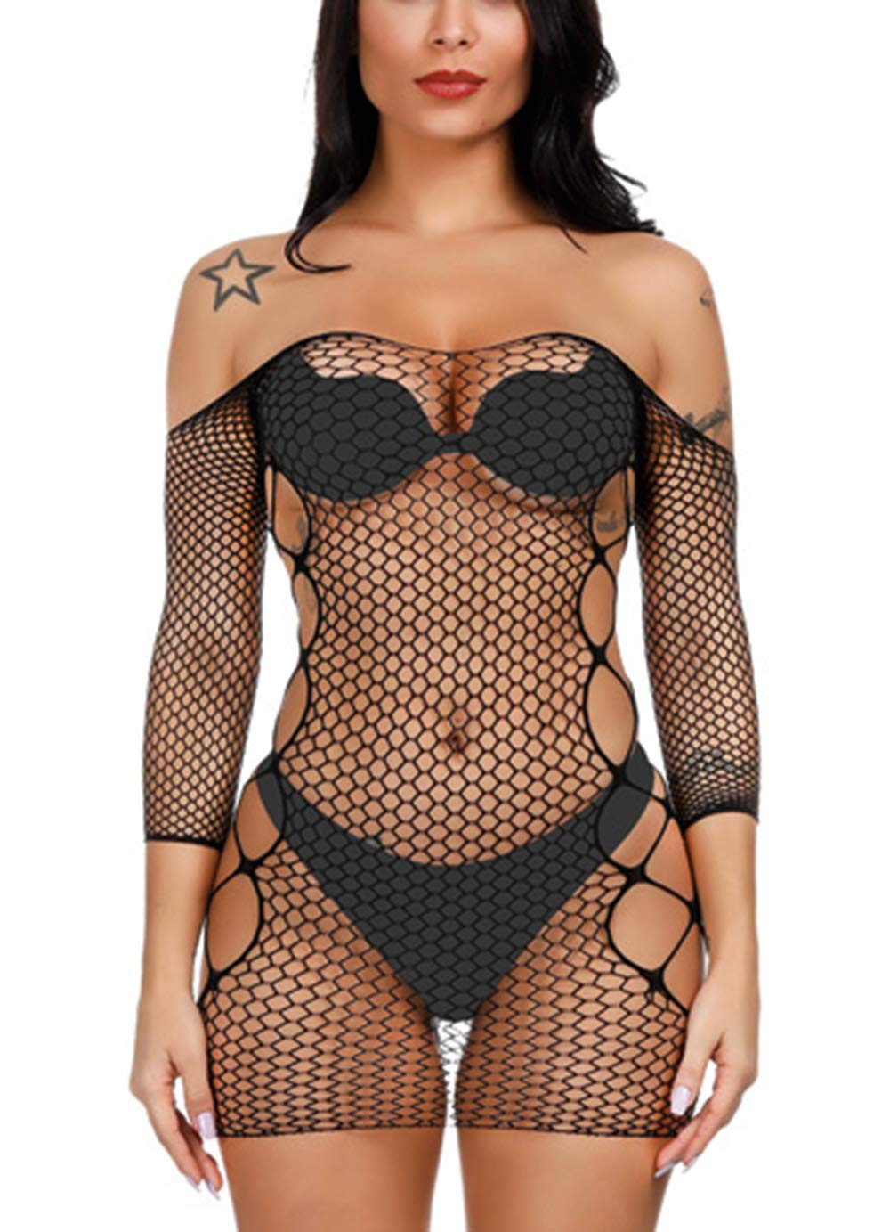 Sexy Women's Fishnet Lingerie Sleepwear - One Piece Babydoll V-Neck Mini Dress (One Size) for Bedroom, Boudoir Photography & Romantic Nights