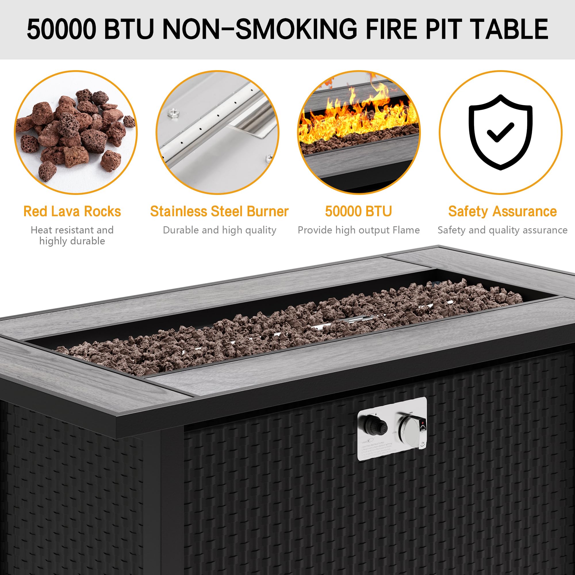 Meilocar 45-inch Propane Fire Pit Table with Red Lava Rocks & Rain Cover - 50,000 BTU 2-in-1 Outdoor Fire Table with Tile Top for Patio, Backyard, Garden, Deck, or Balcony - Perfect for Outdoor Entertaining, Camping, and Relaxation - Gray Tabletop