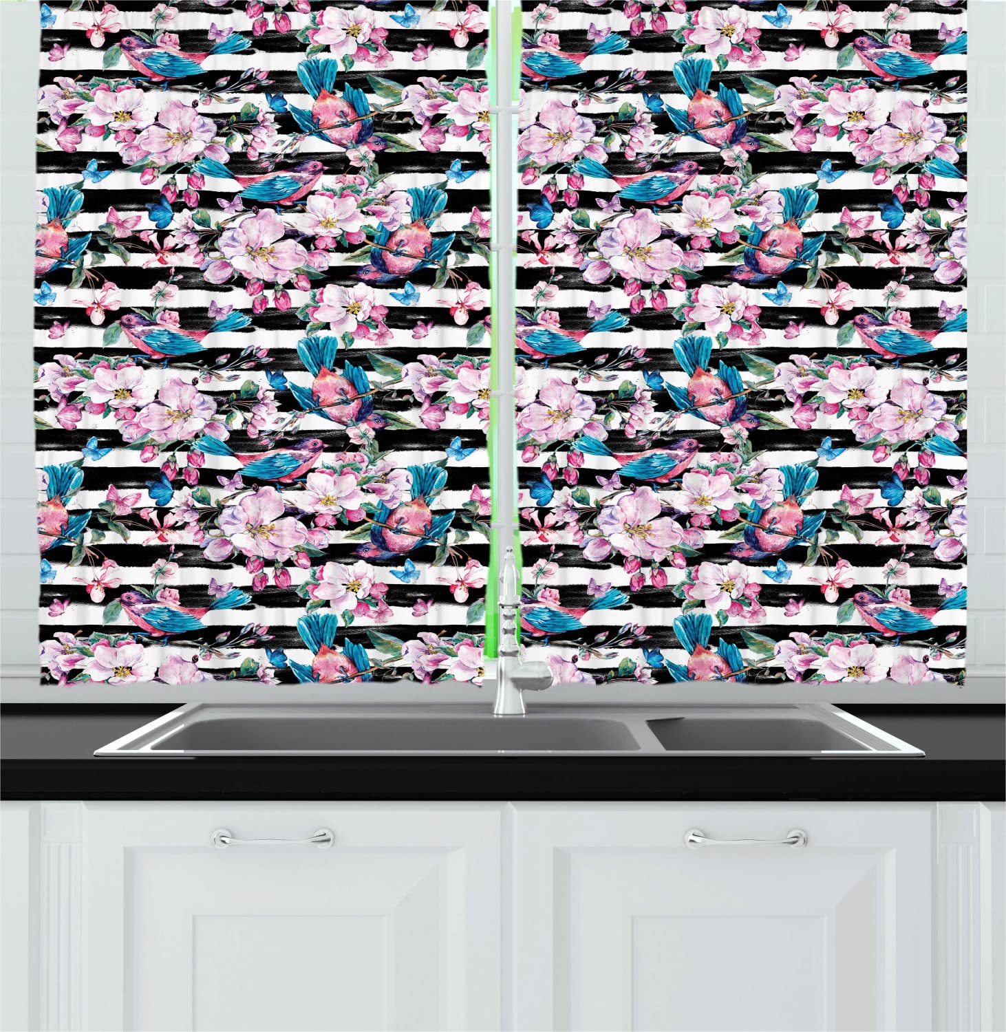 Ambesonne Floral Spring Kitchen Curtains - Pink Blue Flower Bird Design with Grunge Stripes, 55