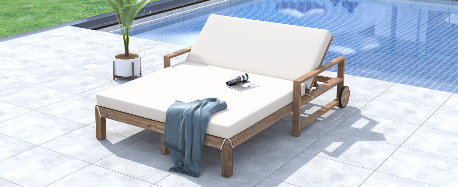 Farmhouse Style Wooden Outdoor Sunbed - 2 Person Daybed for Poolside, Garden & Backyard Relaxation | Weather-Resistant Beige Finish | Perfect for Lounging, Sunbathing & Outdoor Entertaining
