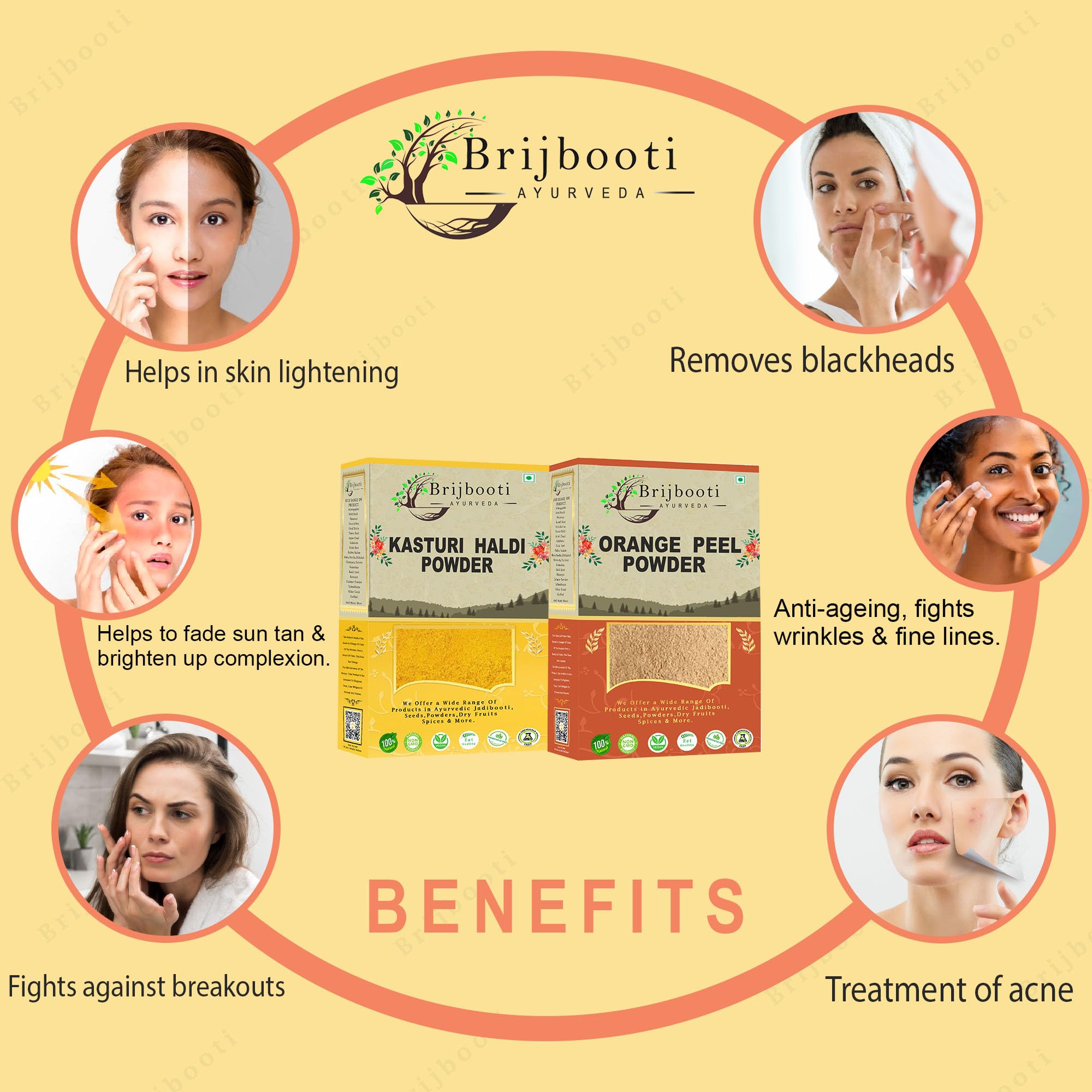 BrijBooti Orange Peel Powder & Kasturi Turmeric Powder Face Mask Combo (400g) - Natural Skin Brightening & Nourishing Treatment - Perfect for DIY Skincare, Glowing Complexion & Acne Care (200g Each) | Use for Homemade Face Packs, Spa Day & Ayurvedic Beauty Routines