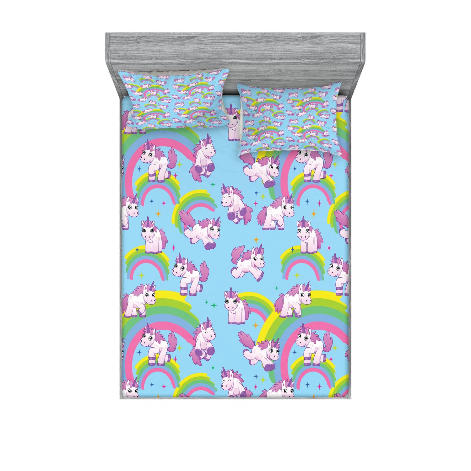 Ambesonne 2-Pack Unicorn Themed King Size Fitted Sheet Set with 4 Pillow Shams - Cartoon Style Colorful Bedding Decor for Kids & Teens Bedrooms, Fantasy Theme Room Decorations
