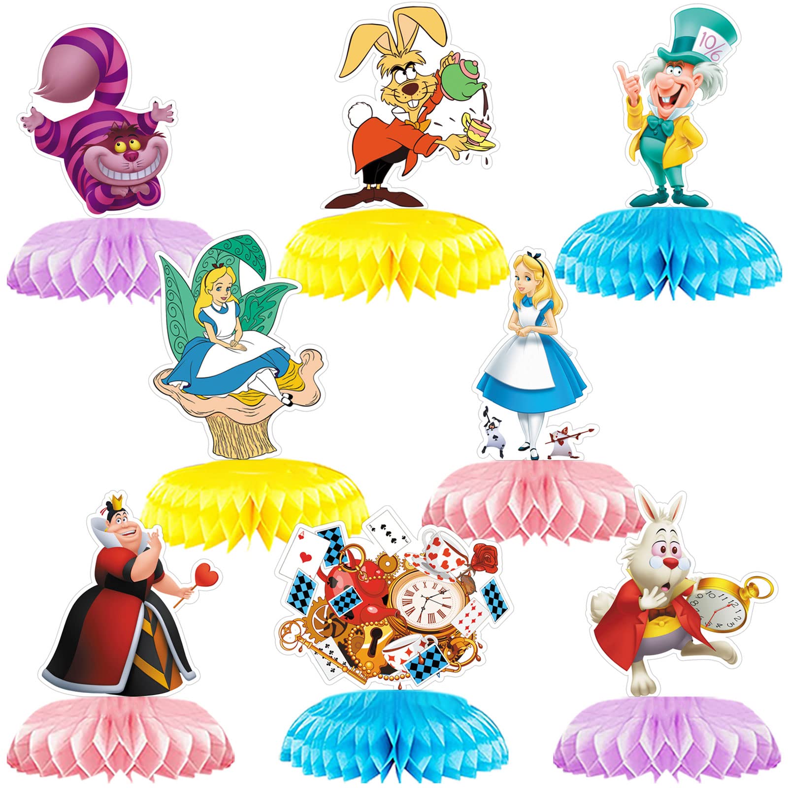 LXMISS 8-Piece Alice in Wonderland Honeycomb Centerpieces Set - Double-Sided Party Decorations for Birthday, Baby Shower & Wedding Table Decor - Perfect for Gift Wrapping & Themed Events
