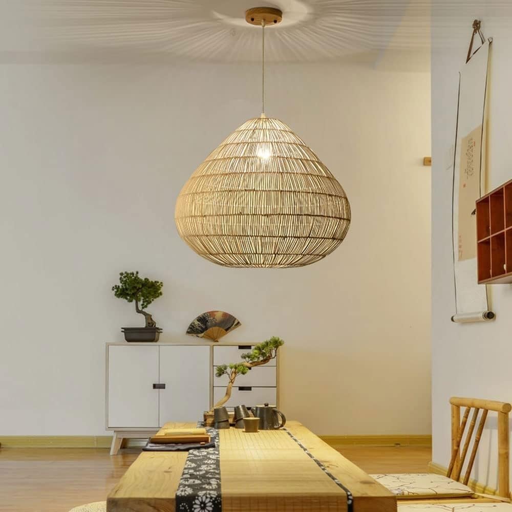Natural Bamboo Rattan Woven Hanging Lamp Shade - Creative E27 Pendant Light with Single Head Chandelier for Bedroom, Dining Room & Living Room - Boho Home Decor for Cozy Ambiance and Stylish Lighting