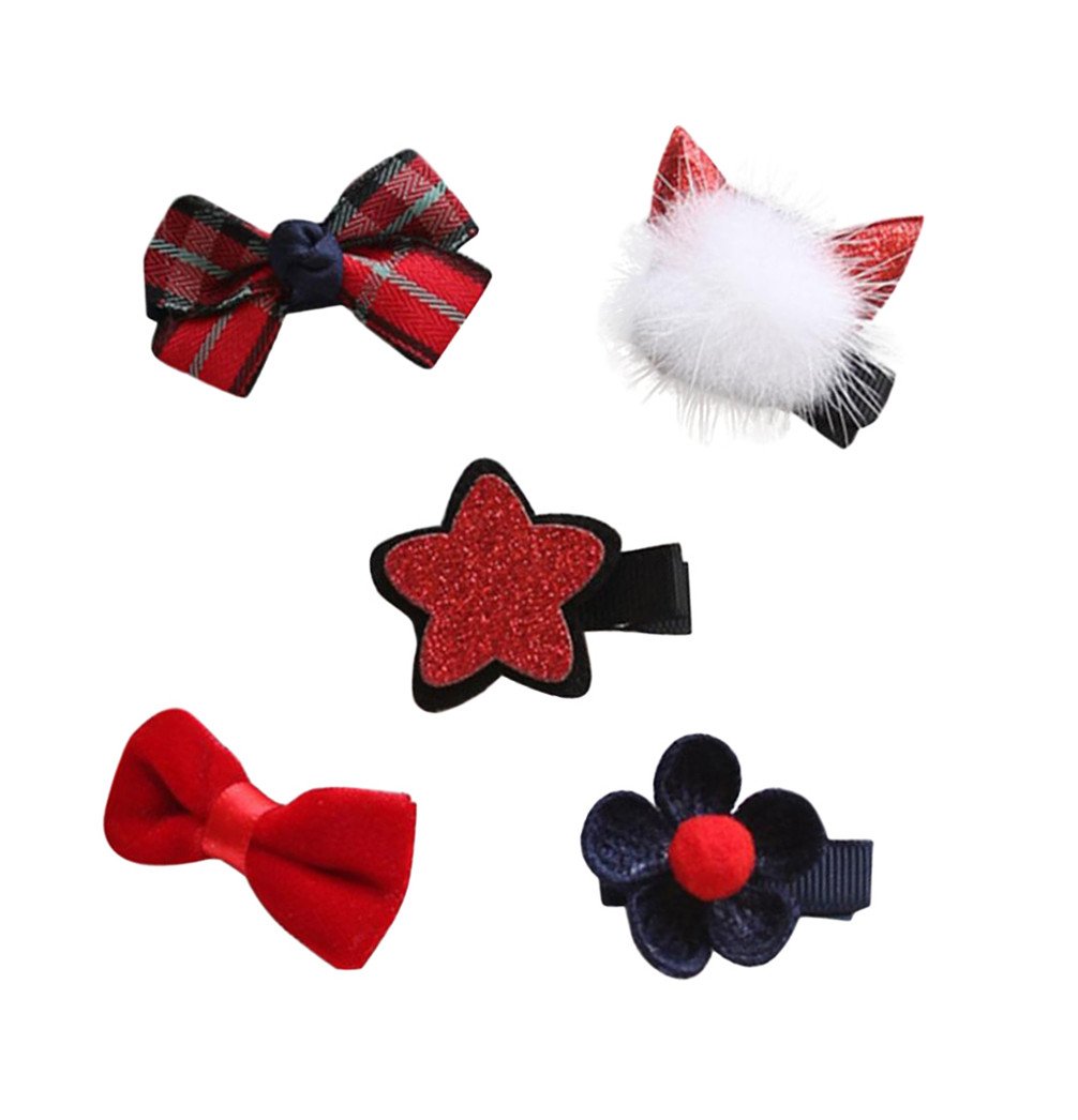 SHOBDW 5PCS Cute Cartoon Bow Hair Clips for Girls 1-6 Years - Kids Baby Hair Accessories Set for Party, School & Daily Use (J-Red)