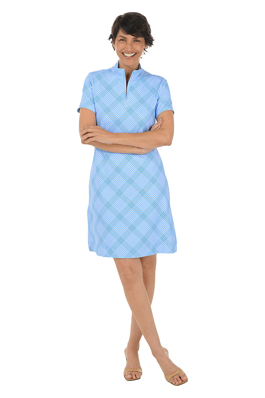 UPF50+ Diagonal Gingham Short Sleeve Zip Dress for Women - Summer Beach Cover Up, Outdoor Picnic & Casual Wear