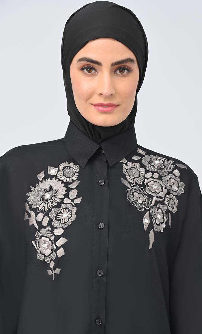 Modest Islamic Button Down Flared Outfit Set with Hijab and Pockets - Elegant Prayer Dress for Women, Perfect for Mosque, Eid, and Special Occasions