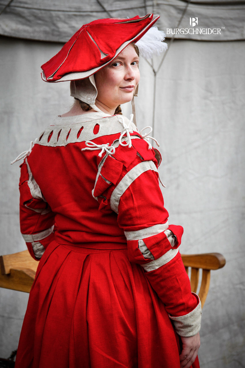 Landsknecht Renaissance Sleeves with Stripes and Floral Design in Red/Natural - Perfect for Historical Reenactments, LARP, and Renaissance Fairs