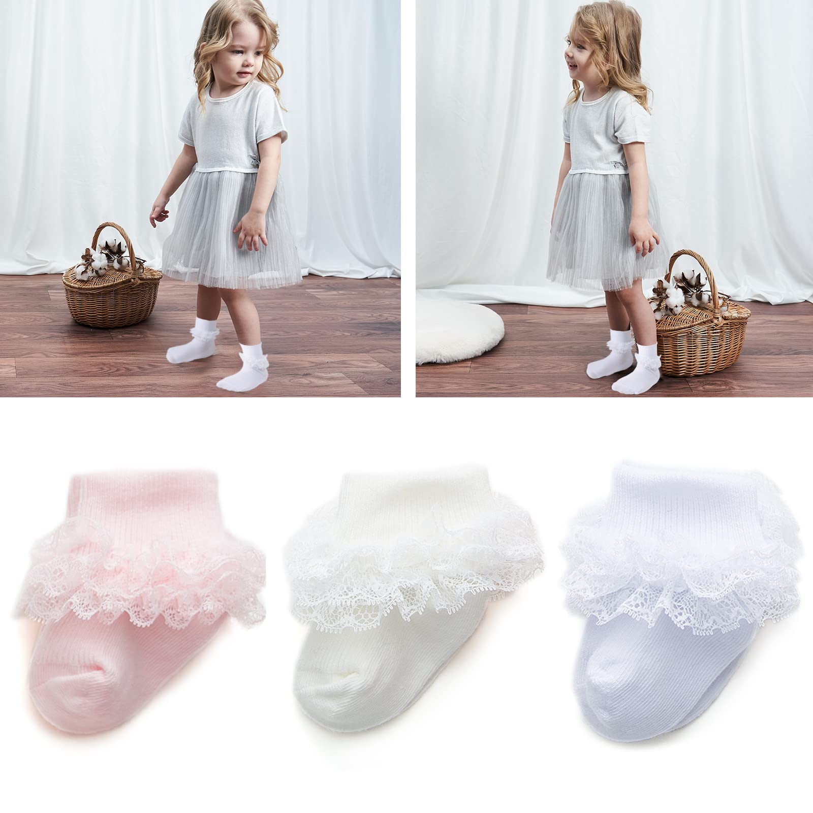 Baby Girl Socks with Eyelet Lace & Ruffles - 2/3/5 Pairs Ankle Dress Socks for Newborns, Infants & Toddlers - Perfect for Special Occasions, Photo Shoots & Everyday Wear