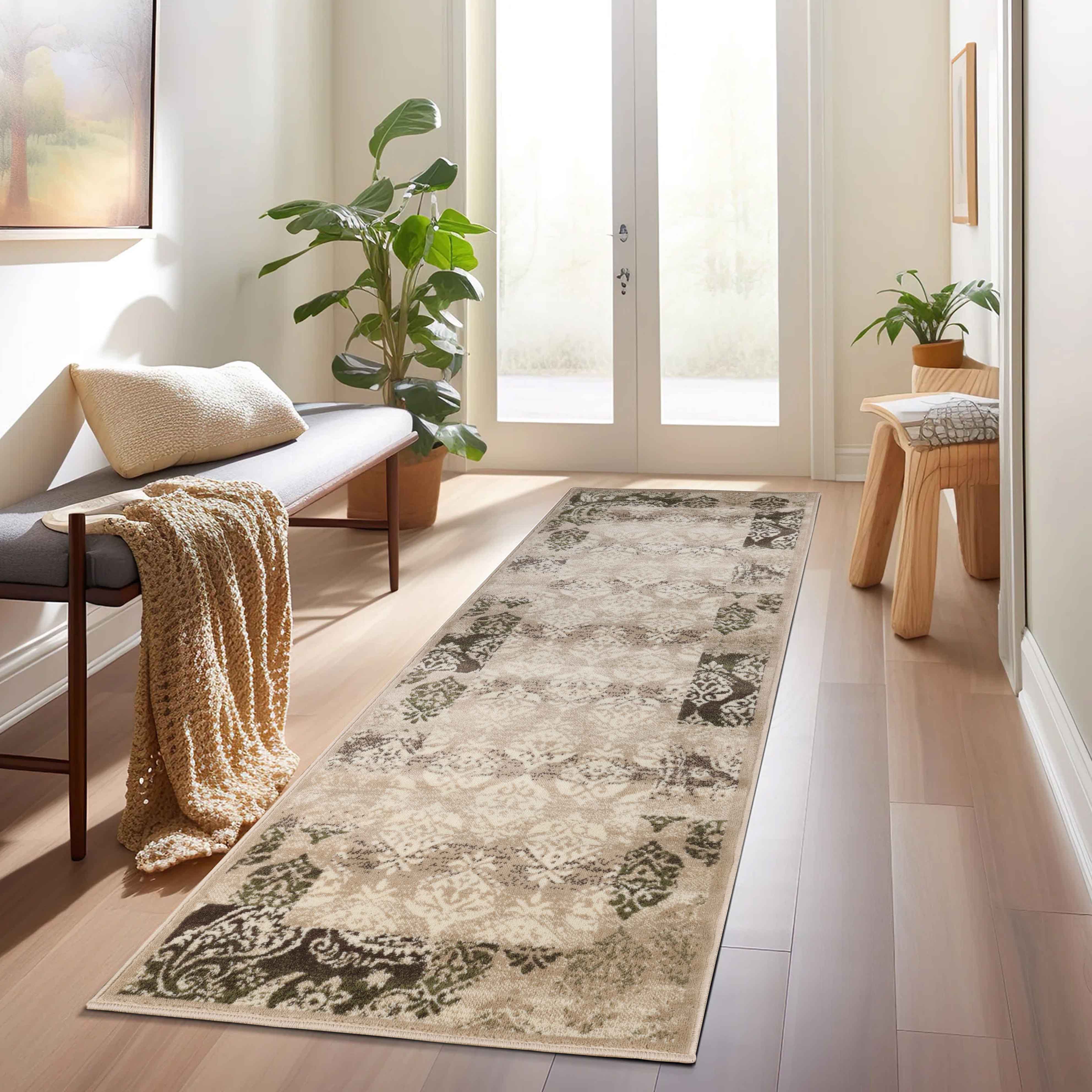 Stylish Modern Damask Indoor Area Rugs & Runners - Non-Slip Soft Living Room Carpet for Bedroom, Hallway, Entryway - Home Decor Floor Mat