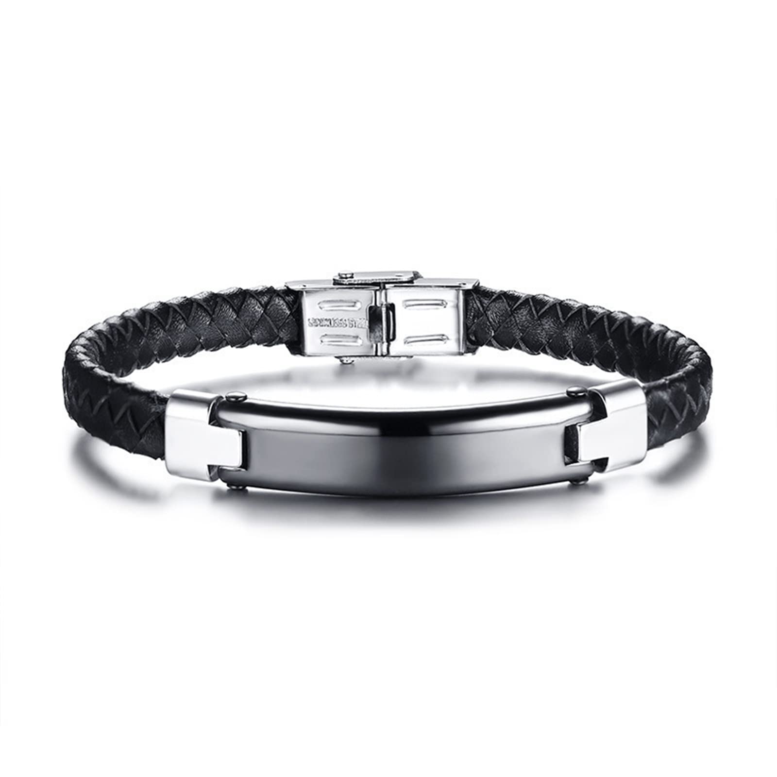 Personalized Stainless Steel Braided Leather Rope Bracelet for Women & Men - 8.5 Inch Custom Name Bar ID Bracelet | Perfect for Gifts, Couples Matching, Medical Alert & Fashion Accessories
