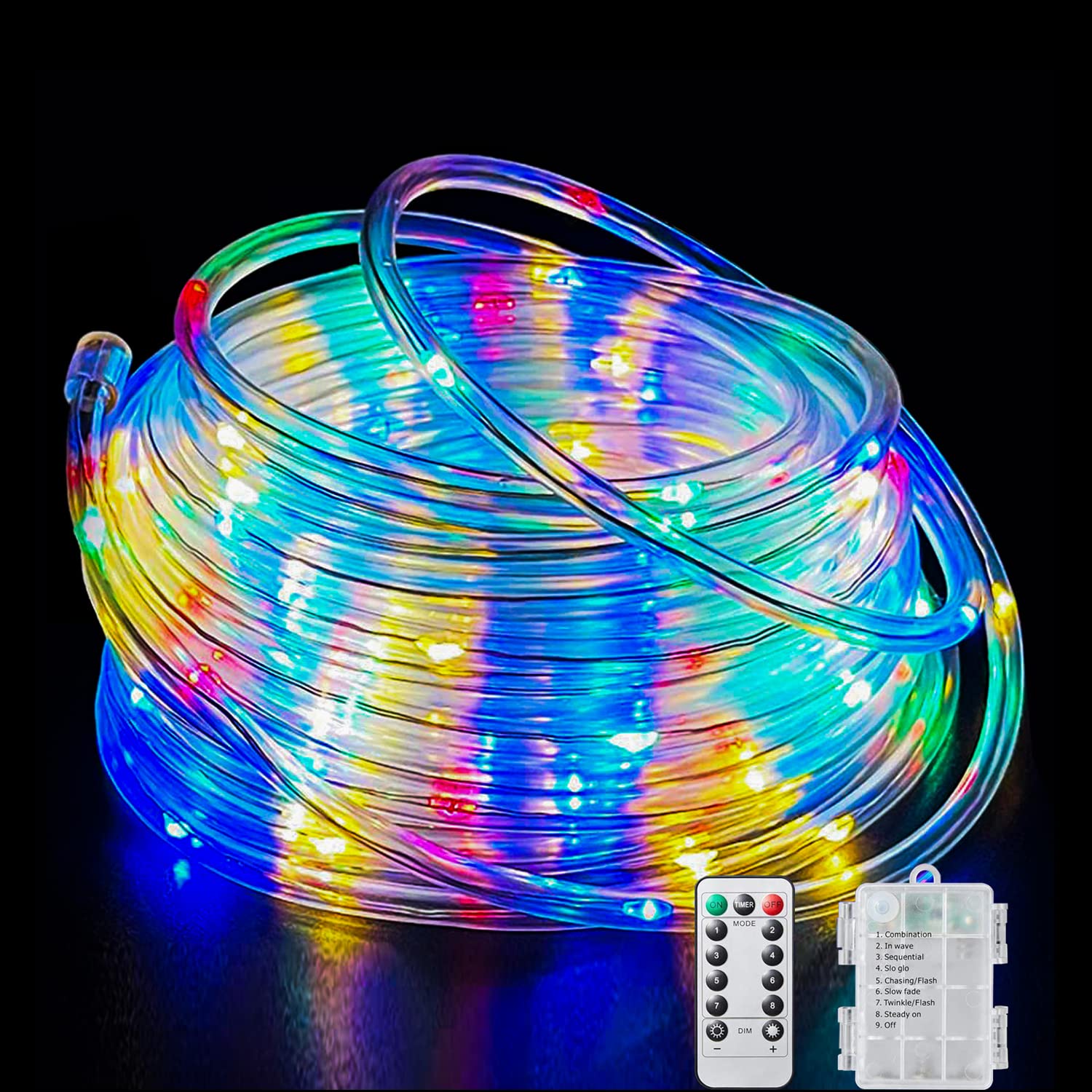 40Ft 120 LED Outdoor Waterproof Rope Lights - Battery Operated Fairy String Lights with Remote, 8 Color Changing Modes for Camping, Christmas, Garden, Holiday & Party Decorations (Multi-Color) - Perfect for Patio, Backyard, Wedding & Indoor Decor