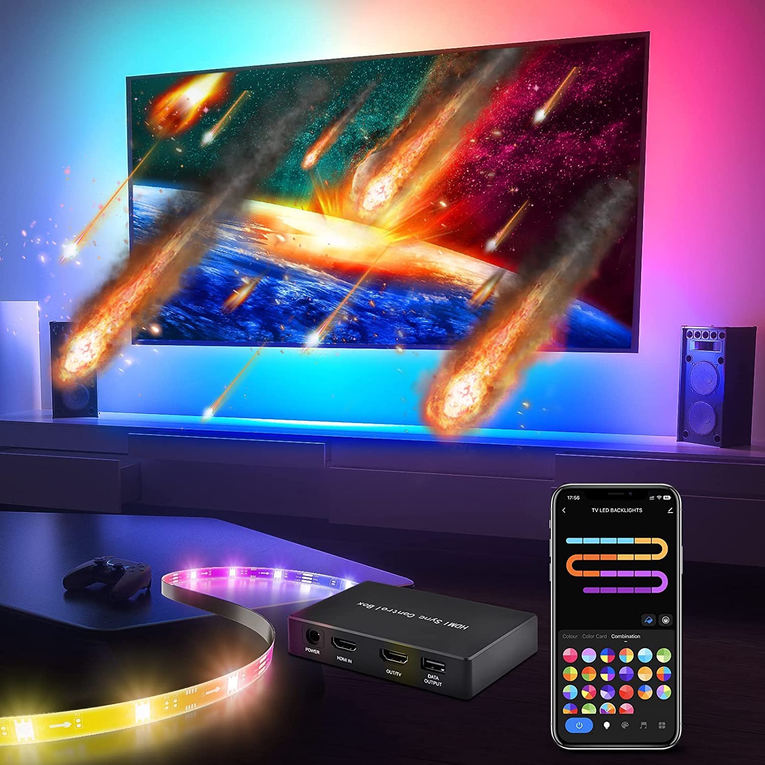 Smart LED TV Backlight Strip with HDMI Sync - 55-65 Inch Ambient Lighting for TVs, Works with Alexa & Google Assistant - Perfect for Movie Nights & Gaming Setup