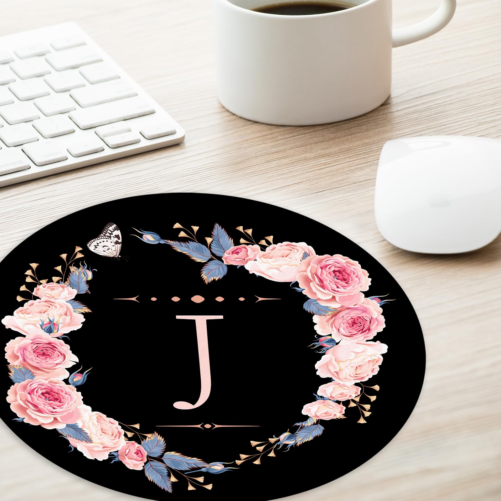 Black and Pink Floral Letter J Round Mouse Pad - Non-Slip Rubber Base, 8.7 Inch Cute Office Desk Accessory for Home & Work Computer Setup | Perfect Gift for Gamers and Professionals