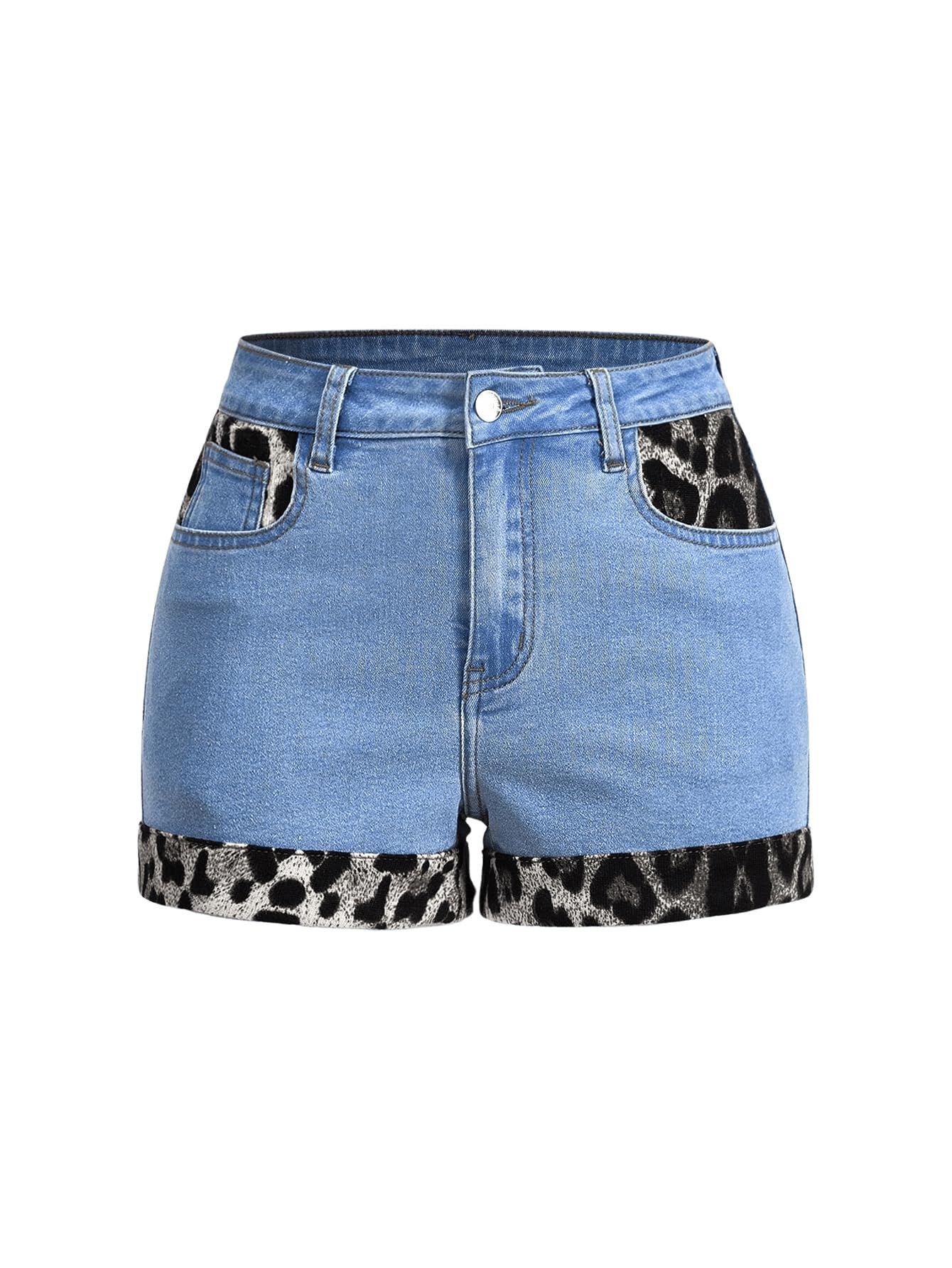Floerns Women's Skinny High Waist Contrast Leopard Print Denim Shorts - Straight Leg Jean Shorts for Summer Casual Wear & Street Style Outfits