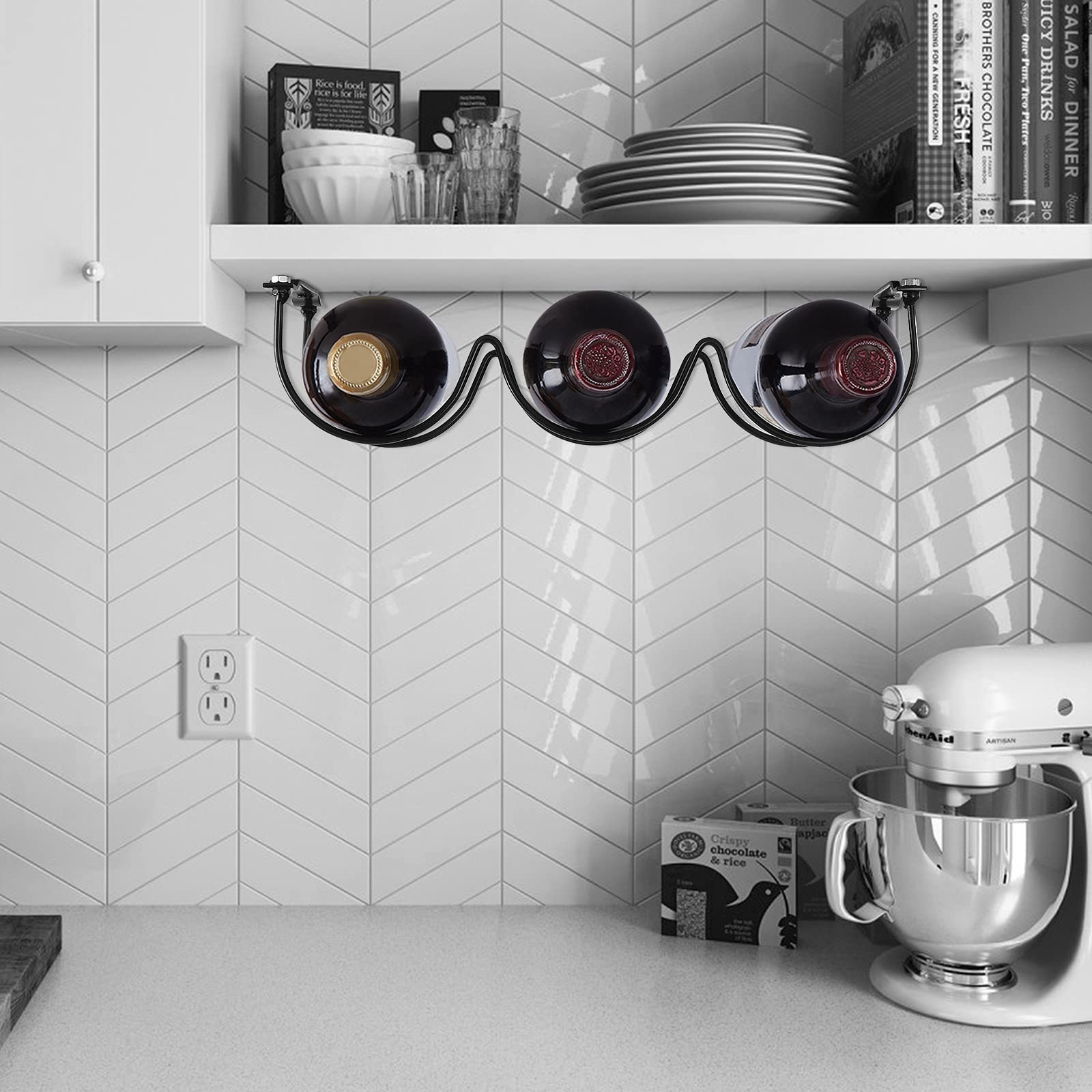 Under Cabinet Wine Rack - Metal Black Wall Mounted Organizer for Wine & Liquor Bottles - Space Saving Kitchen Storage Solution - Perfect for Small Kitchens, Bars, and Home Decor