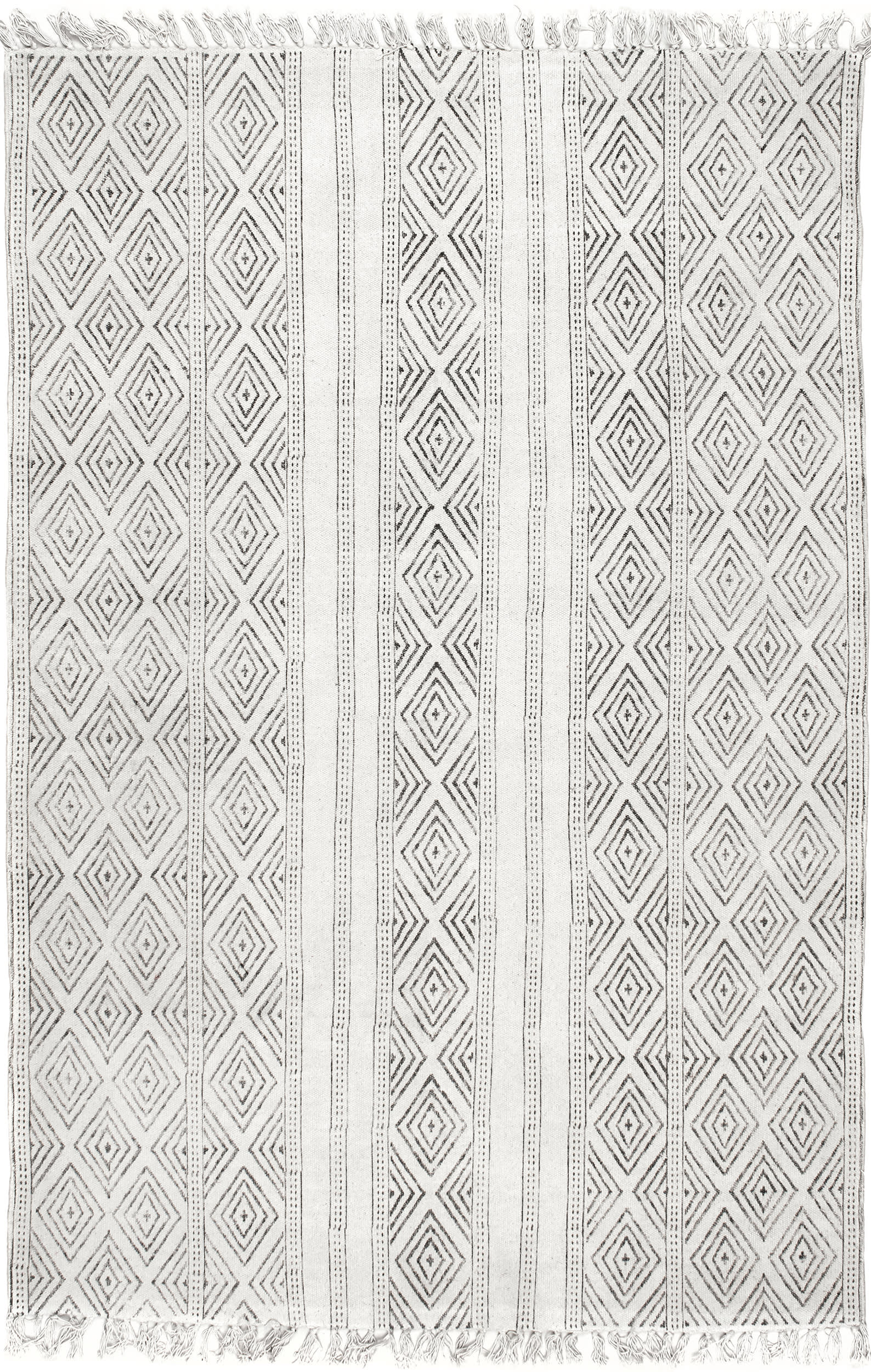 Handmade Block Printed Cotton Flatweave Rug with Concentric Diamond Pattern - Off White - Boho Chic Home Decor for Living Room, Bedroom or Nursery
