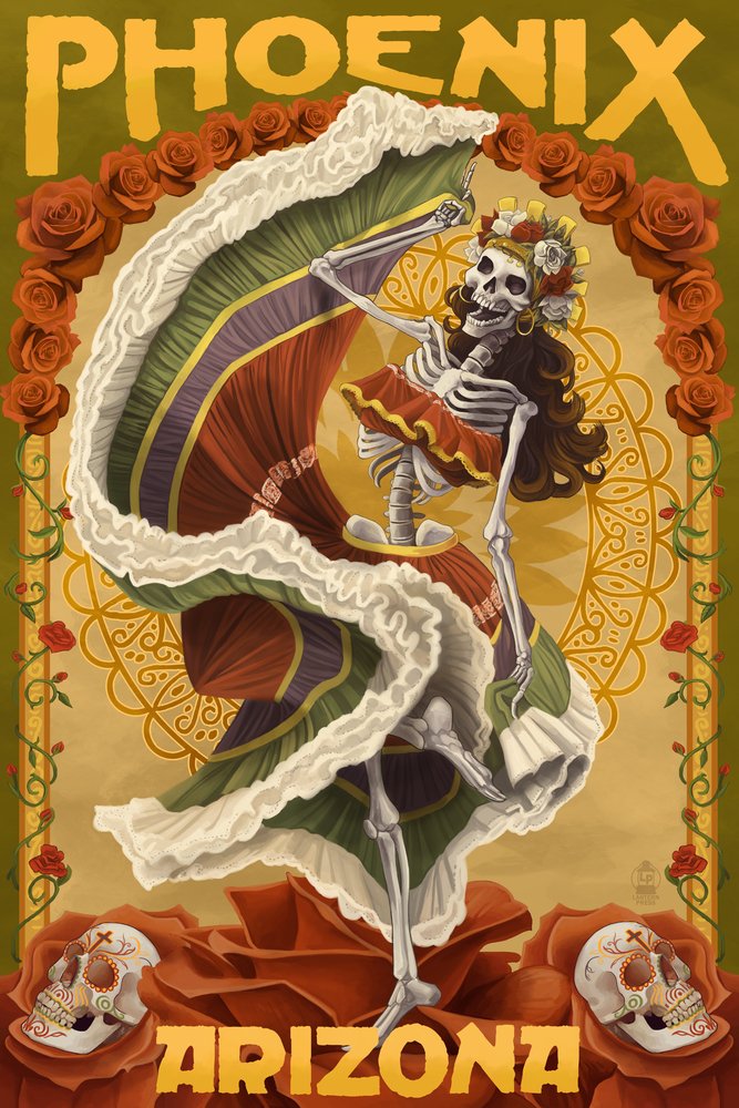 Day of the Dead Dancing Skeleton Art Print - Signed 24x36 Wall Decor Poster | Phoenix Arizona Inspired Mexican Folk Art | Perfect for Halloween, Dia de Muertos & Home Decor