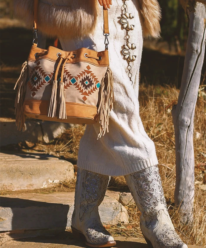 Montana West Aztec Fringe Bucket Bag Set for Women - Stylish Leather Crossbody Purse with Adjustable Strap, Perfect for Travel, Shopping & Everyday Use