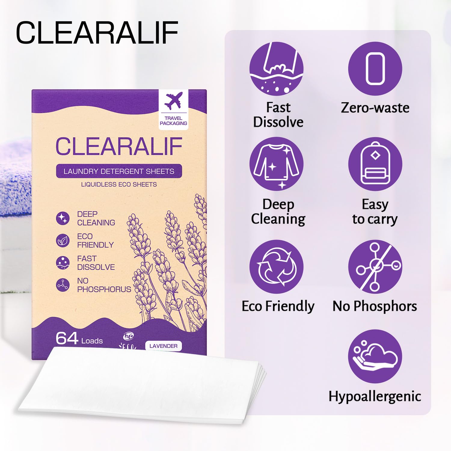 Eco-Friendly CLEARALIF Laundry Detergent Sheets - Hypoallergenic Lavender Scent (64 Loads) | Biodegradable & Travel-Friendly Laundry Strips for Home, Gym & Travel