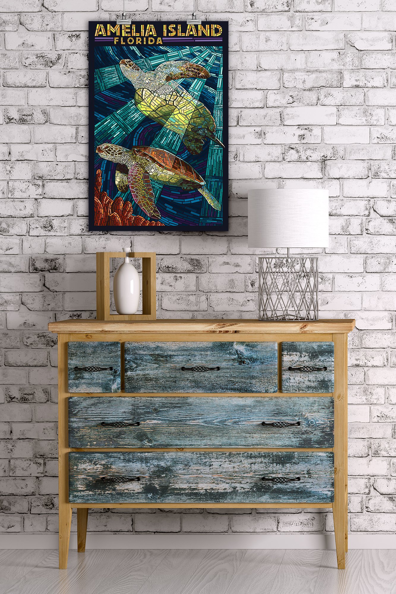 Lantern Press 16x24 Inch Giclee Art Print - Amelia Island Florida Sea Turtle Mosaic Wall Decor for Beach House, Living Room & Office