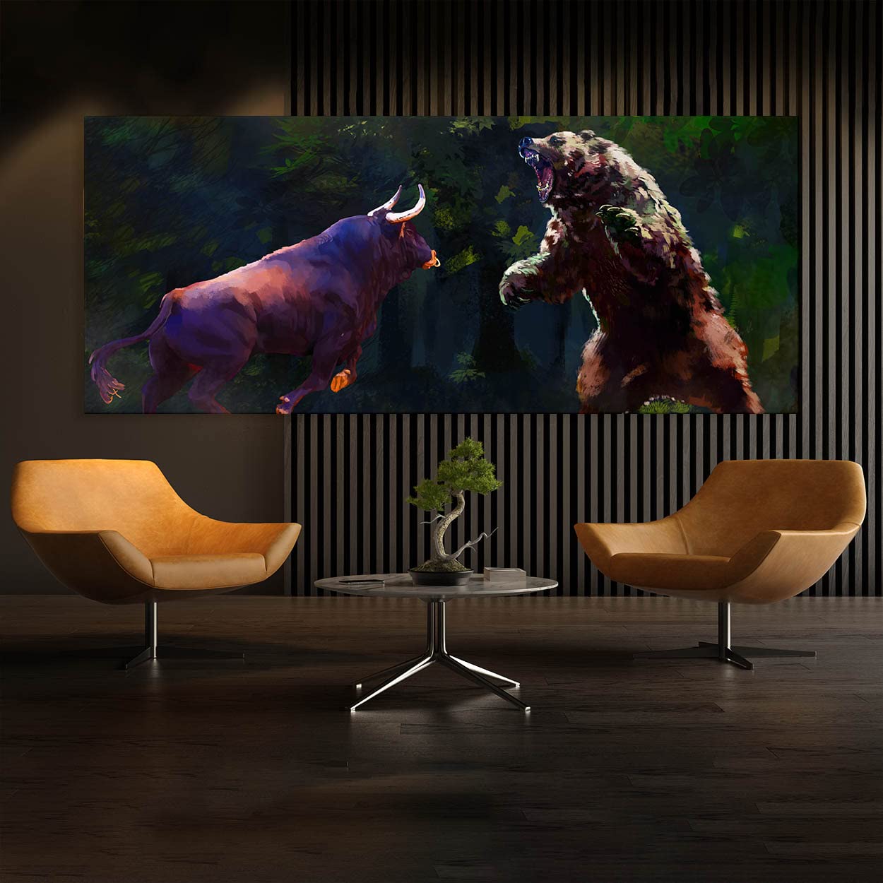 Bull vs Bear Wall Art Canvas Print - Stock Market Trading Office Decor, Business & Home Wall Decor Painting, 20x8 Inches (0.75