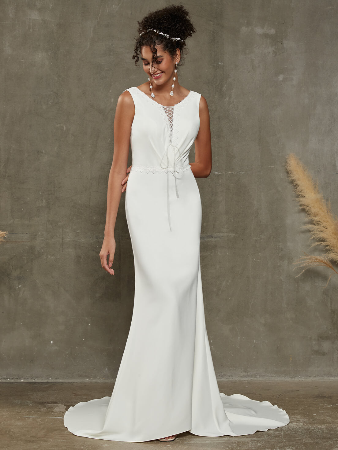 Elegant Double FDY Sleeveless Boat Neck Sheer V-Neck Mermaid Wedding Dress with Long Train - Perfect for Beach, Church, and Formal Wedding Ceremonies