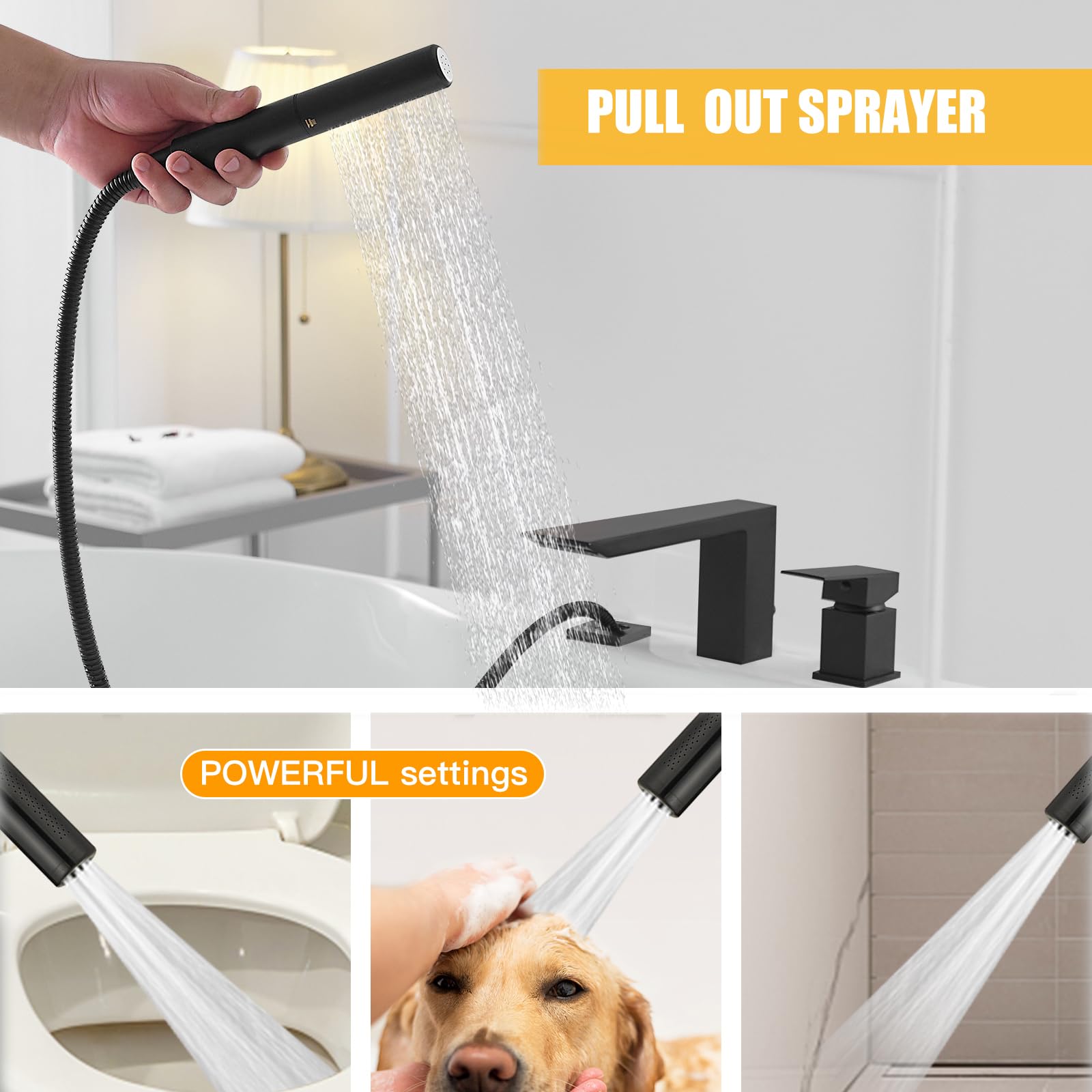 BESy Matte Black Roman Tub Faucet with Handheld Showerhead - 2-in-1 Deck Mount Bathtub Faucet Set with Sprayer, Brass Construction, cUPC Certified - Perfect for Luxury Bathrooms, Spa-Like Showers & Modern Home Renovations