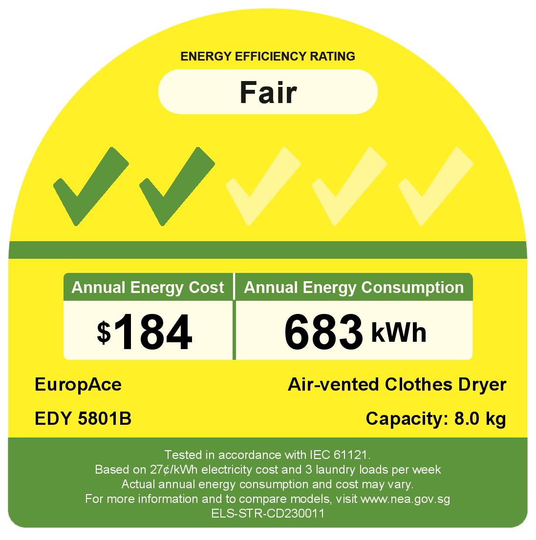 EuropAce EDY5801B 8kg Vented Dryer - Energy Efficient Laundry Solution for Small Spaces | Perfect for Apartments, Dorms & RVs