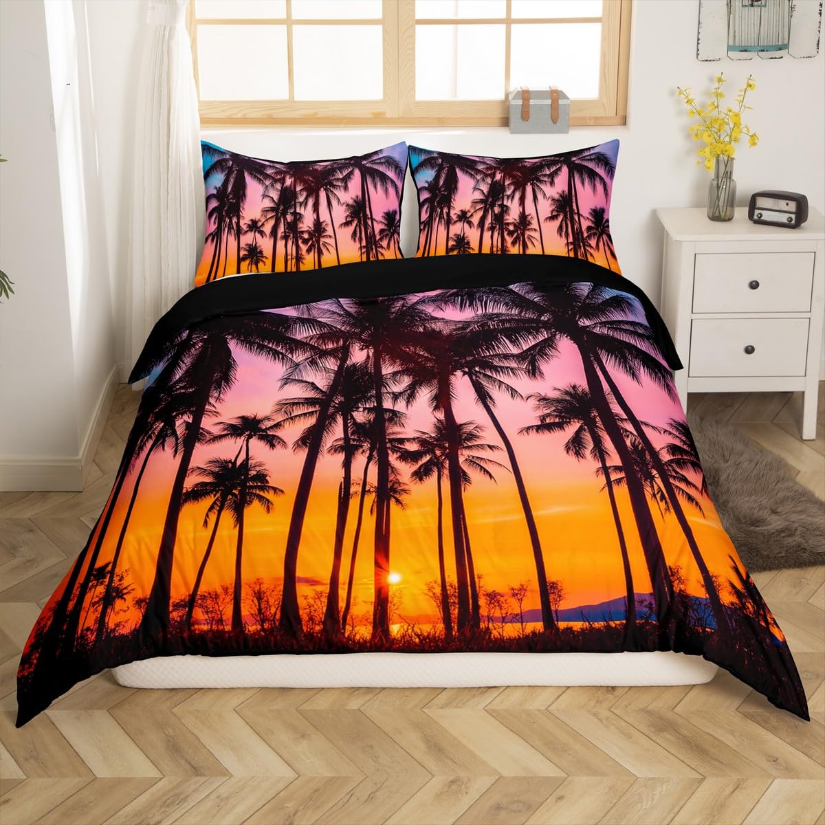 Tropical Sunset Palm Leaves Duvet Cover Set - Twin Size Microfiber Bedding with Zipper Closure | Botanical Hawaiian Vacation Style Quilt & Pillowcase | Perfect for Beach House, Guest Room or Boho Chic Bedroom Decor
