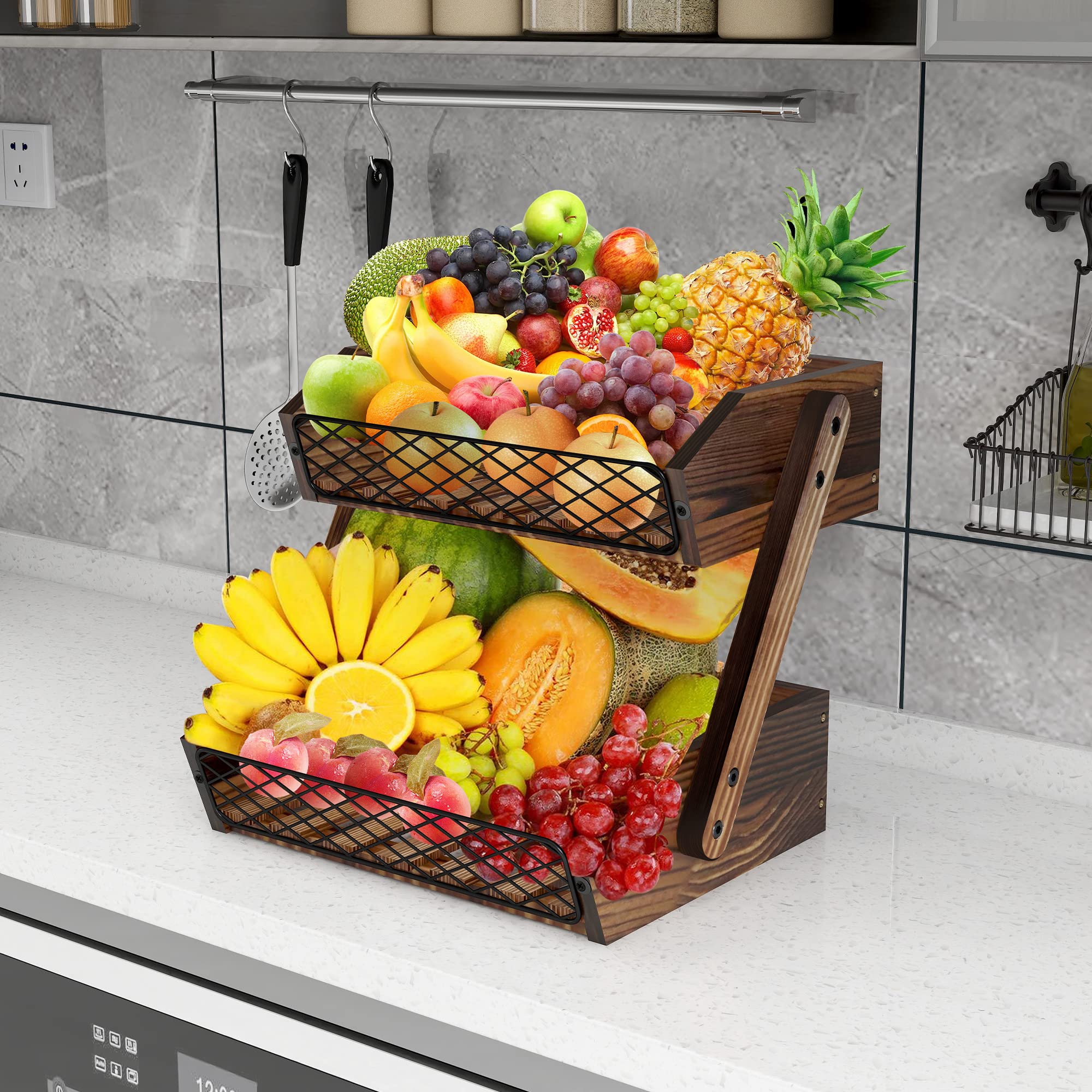 2-Tier Wooden Fruit Basket for Kitchen Counter - Multi-Purpose Organizer for Fruits, Vegetables & Bread | Perfect for Countertop Storage, Pantry Organization & Dining Table Decor