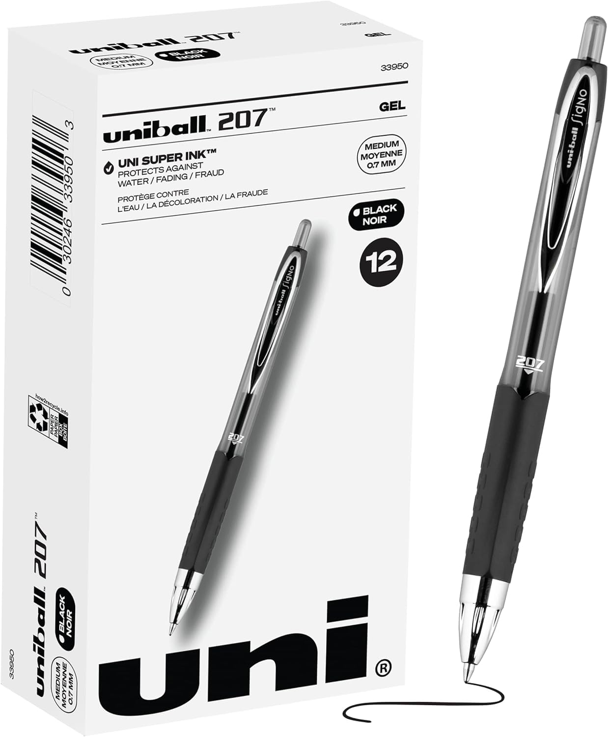 uni-ball 207 Retractable Gel Pens - Medium Point 0.7mm, Black Ink, 12 Pack - Smooth Writing for Office, School & Note Taking