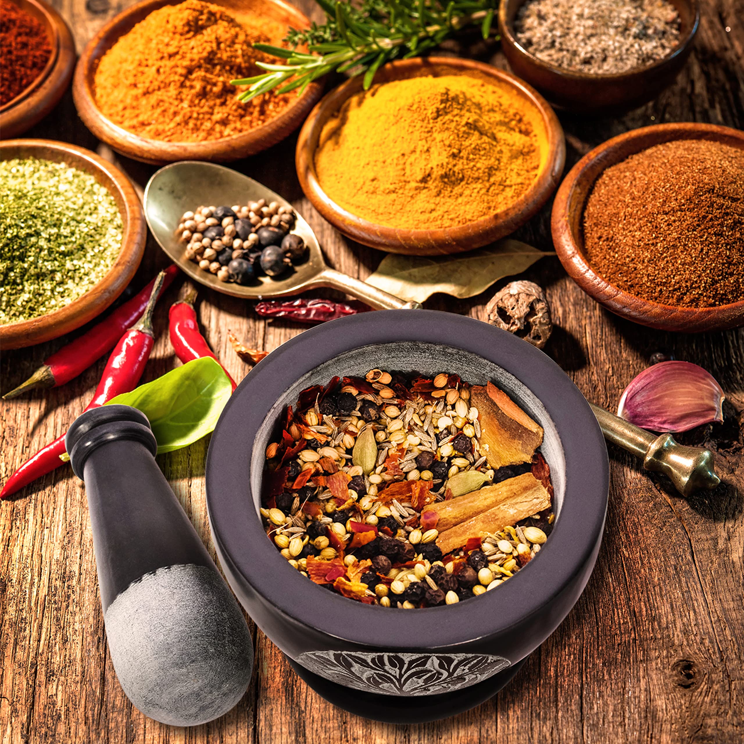 Premium Mortar and Pestle Set - Heavy Duty Polished Natural Stone Spice Grinder for Herbs, Seasonings, Pastes & More (Tree of Life Design) - Perfect for Kitchen, Apothecary & Ayurvedic Cooking