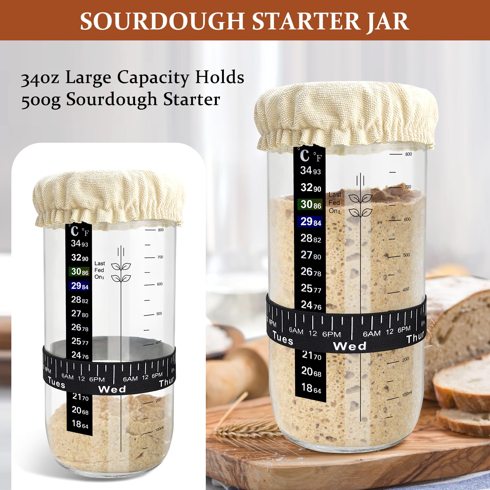 Organic Sourdough Starter Kit for Homemade Bread Baking - 34oz Glass Jar with Date Marker, Thermometer, Silicone Spatula & Lid - Perfect for Artisan Bread, Pizza Dough & Pastries | Home Baker Gift Idea