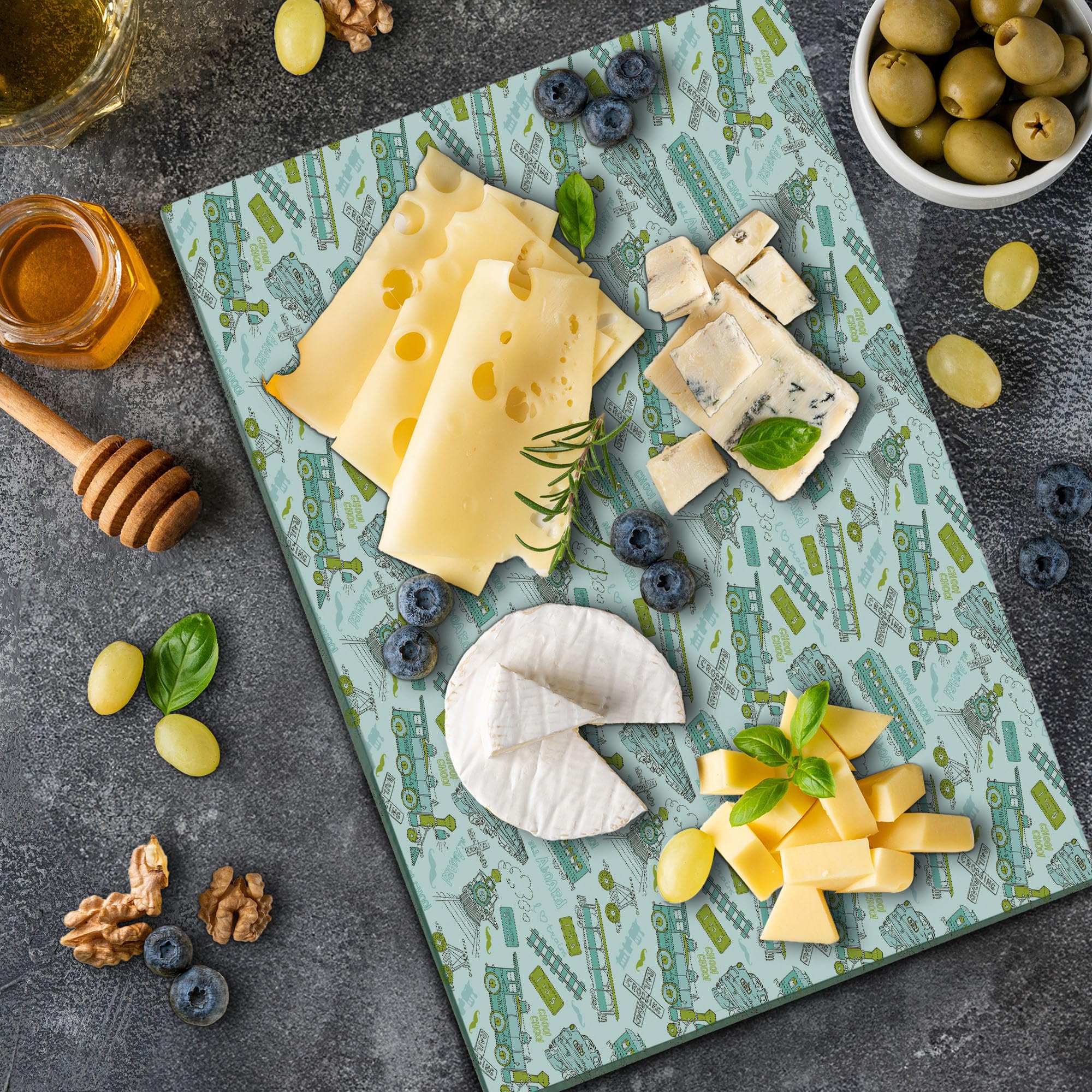 Ambesonne Vintage Train Themed Tempered Glass Cutting Board - Large Choo Choo Steam Engine Design with Number Signs, Apple Green Turquoise - Perfect for Kitchen Prep & Serving Cheese, Charcuterie