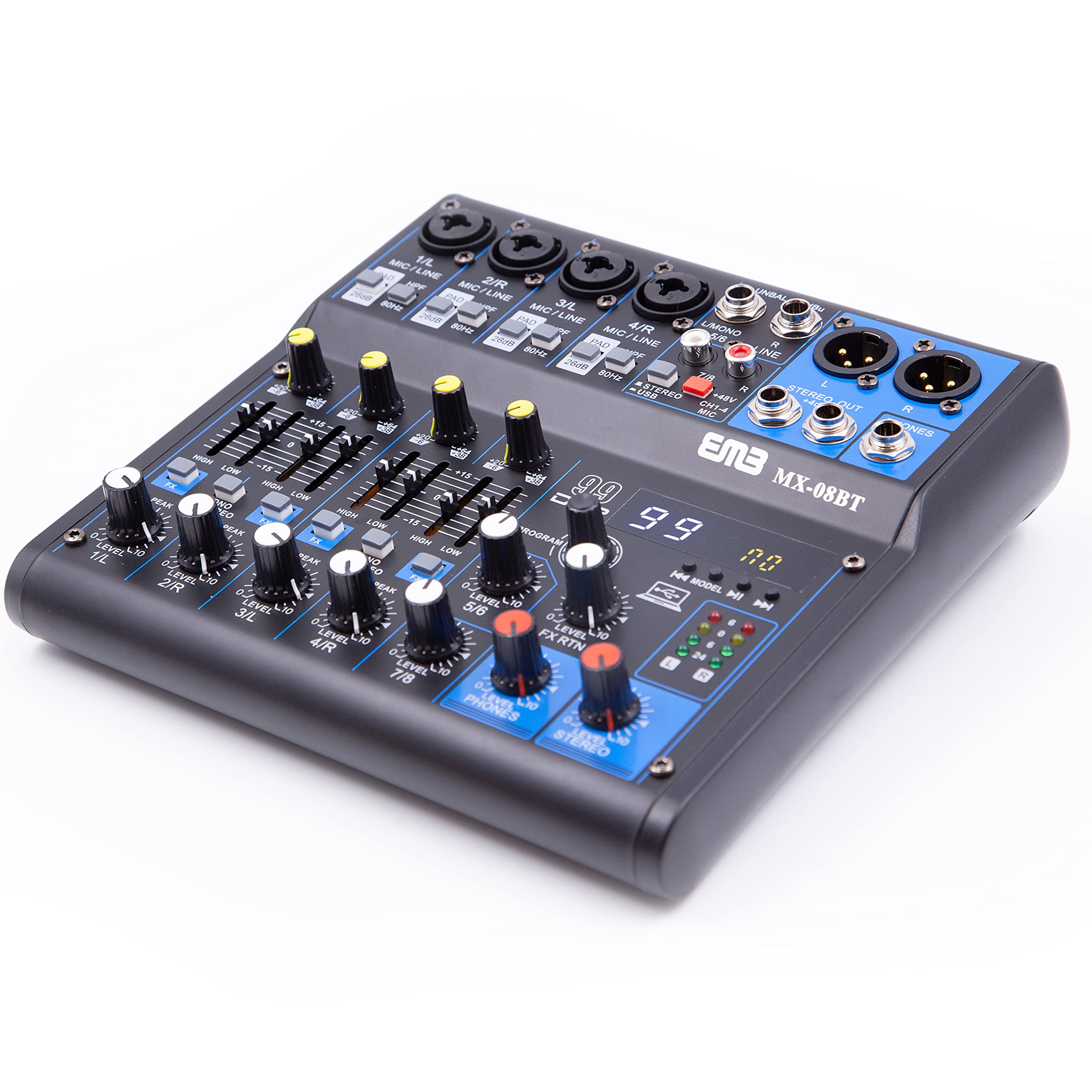 EMB MX08BT 99 DSP 8-Channel Professional Audio Mixer with Bluetooth - Digital Sound Processor for Live Music, DJing, Podcasting & Studio Recording